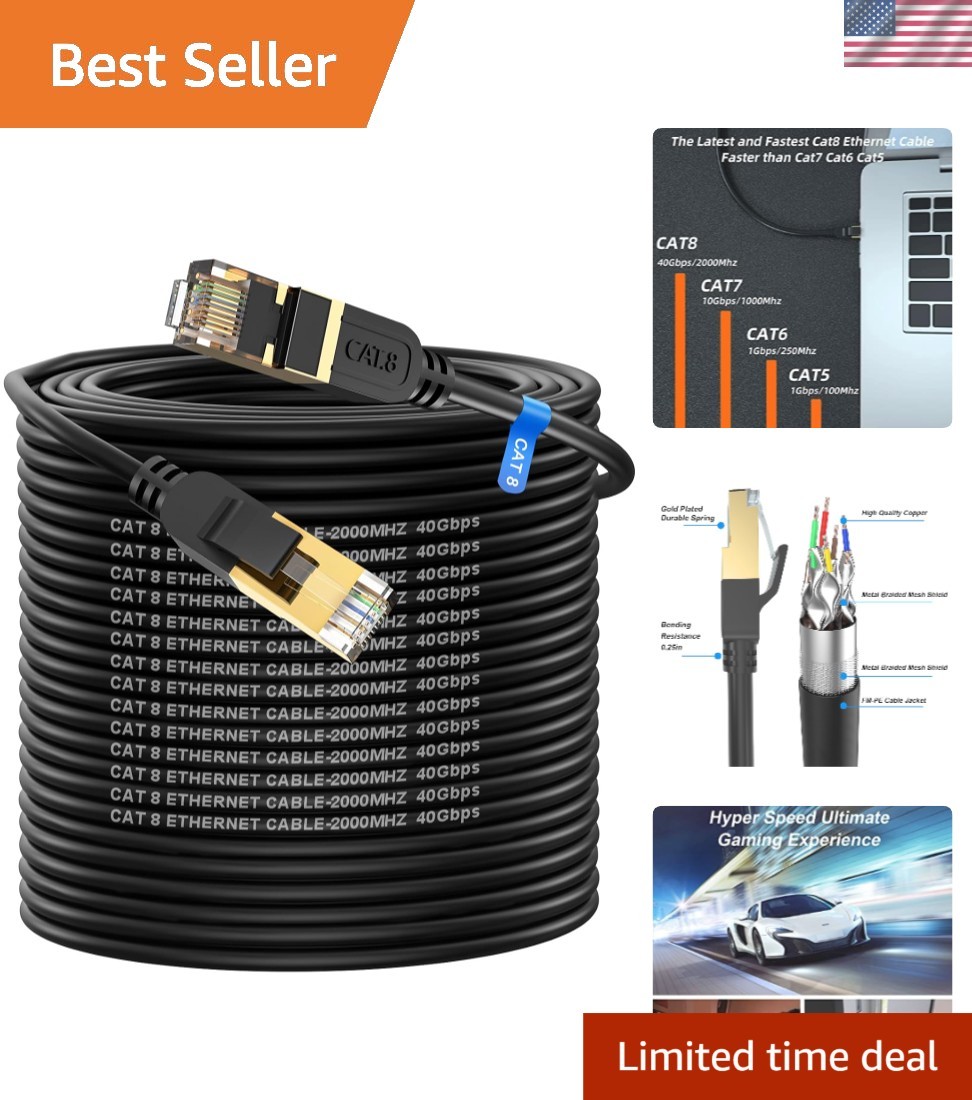 200FT Heavy Duty Cat 8 Ethernet Cable, 40Gbps with Gold Plated RJ45 Connections