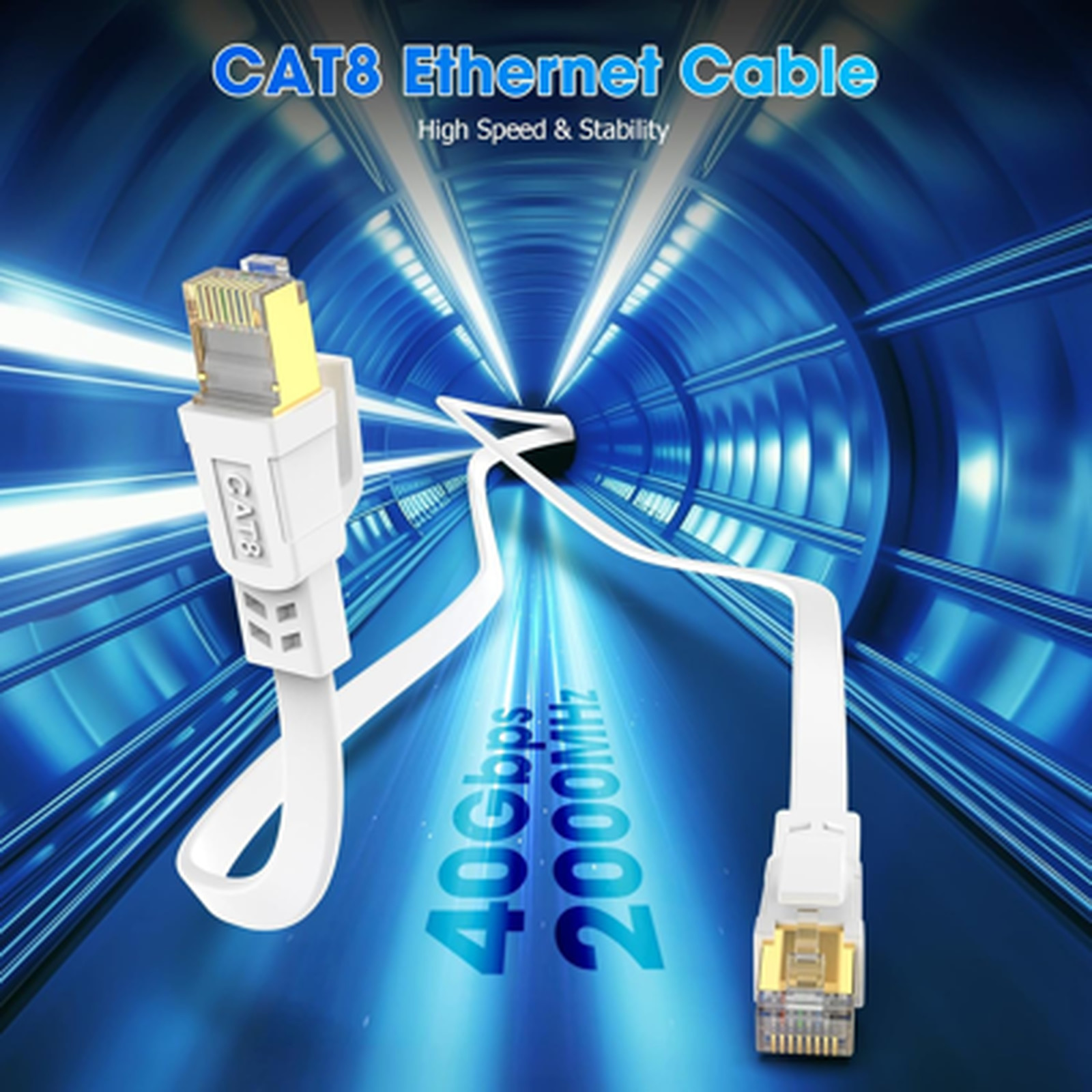 Cat 8 Ethernet Cable 6 ft Shielded Flat Network LAN Cable Gold Connectors