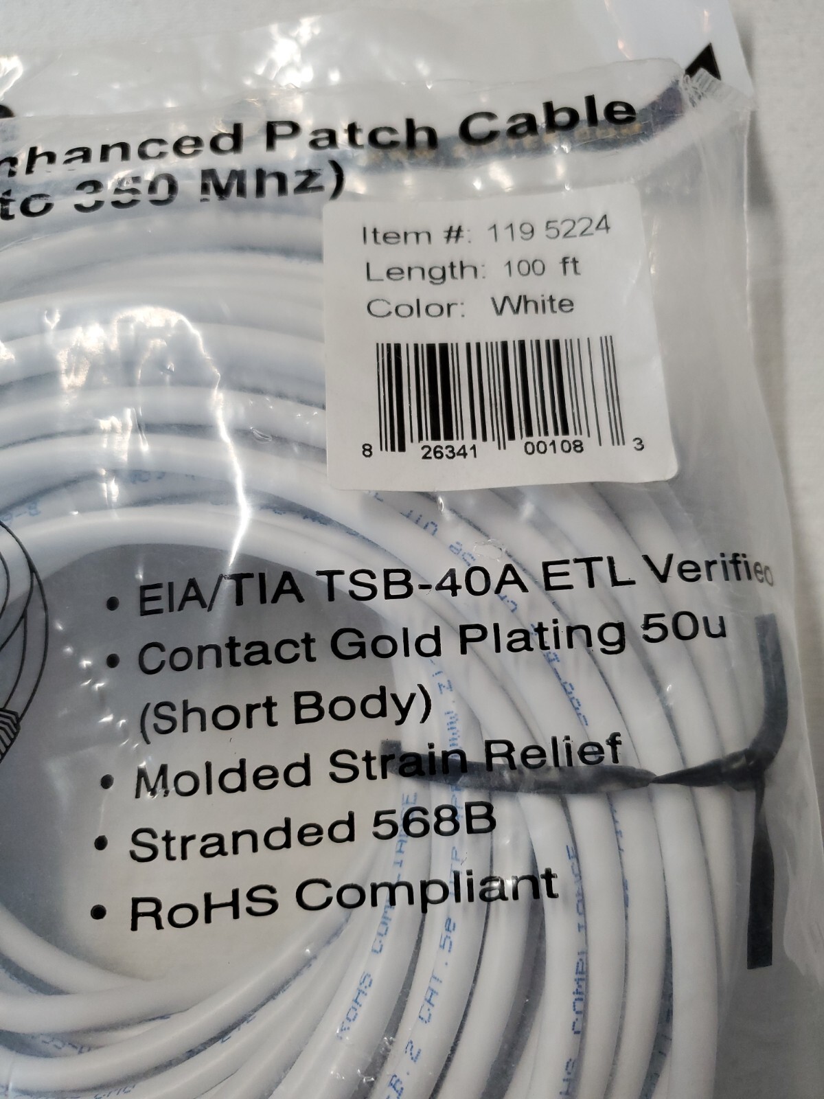 Zio Tek 1195224 Cat 5 Enhanced Patch Cable White 100 Feet Open Package New