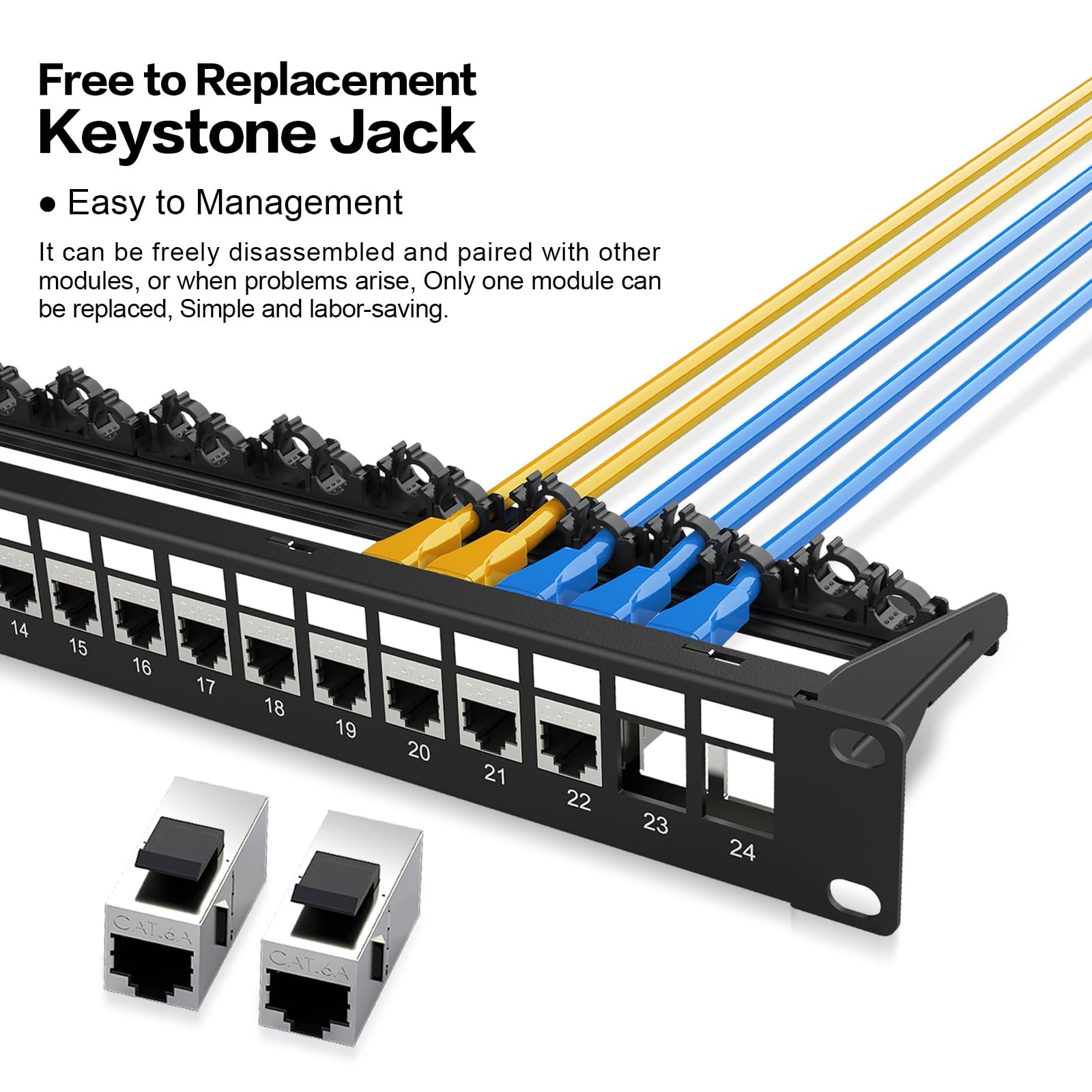 Patch Panel 24 Port Cat6A Keystone Jack STP 10G 1U Network 19 Inch Cat6 Cat5e