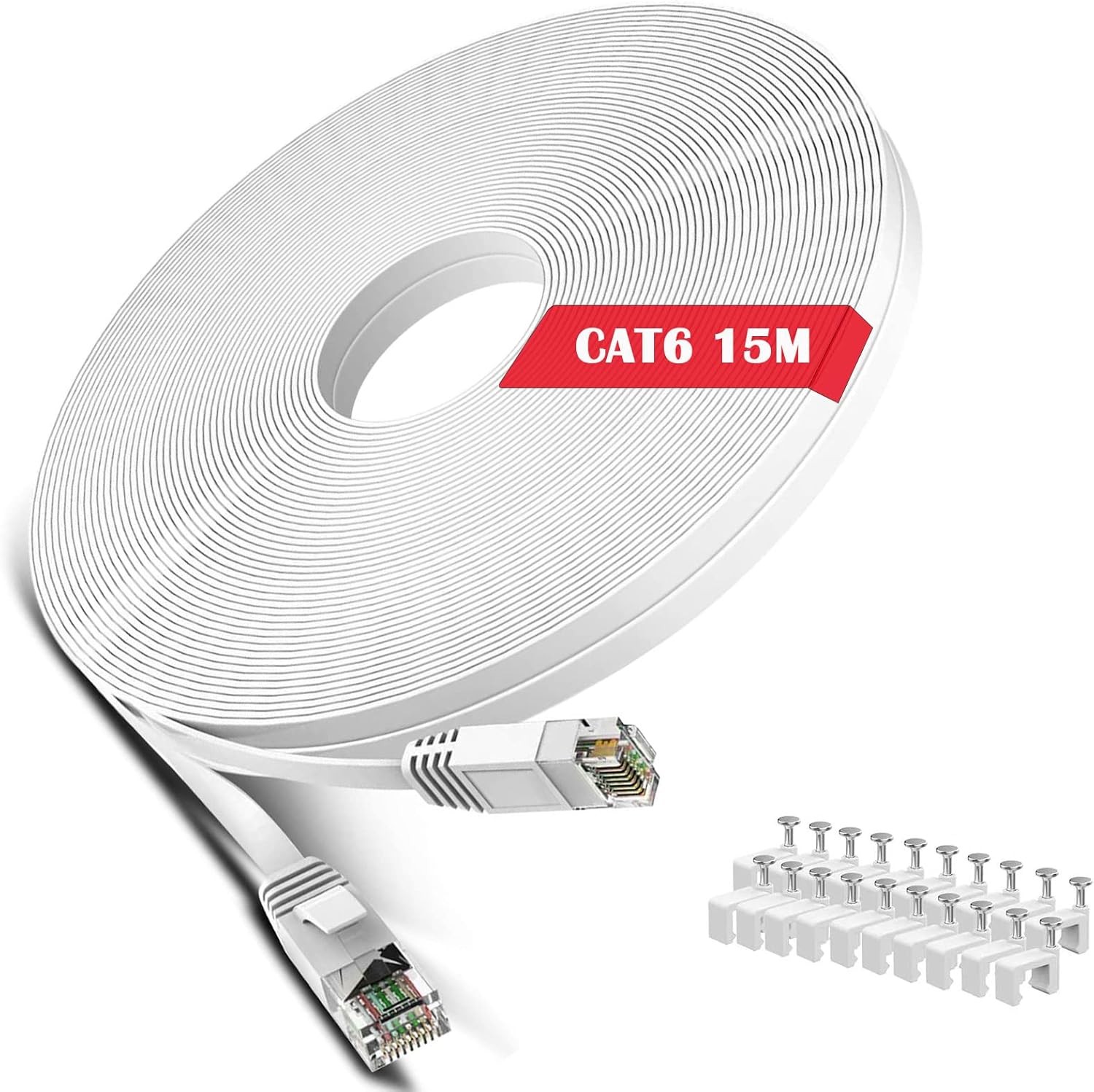Cat 6 Ethernet Cable 50 ft White – Flat Internet Network LAN Patch Cords – Solid