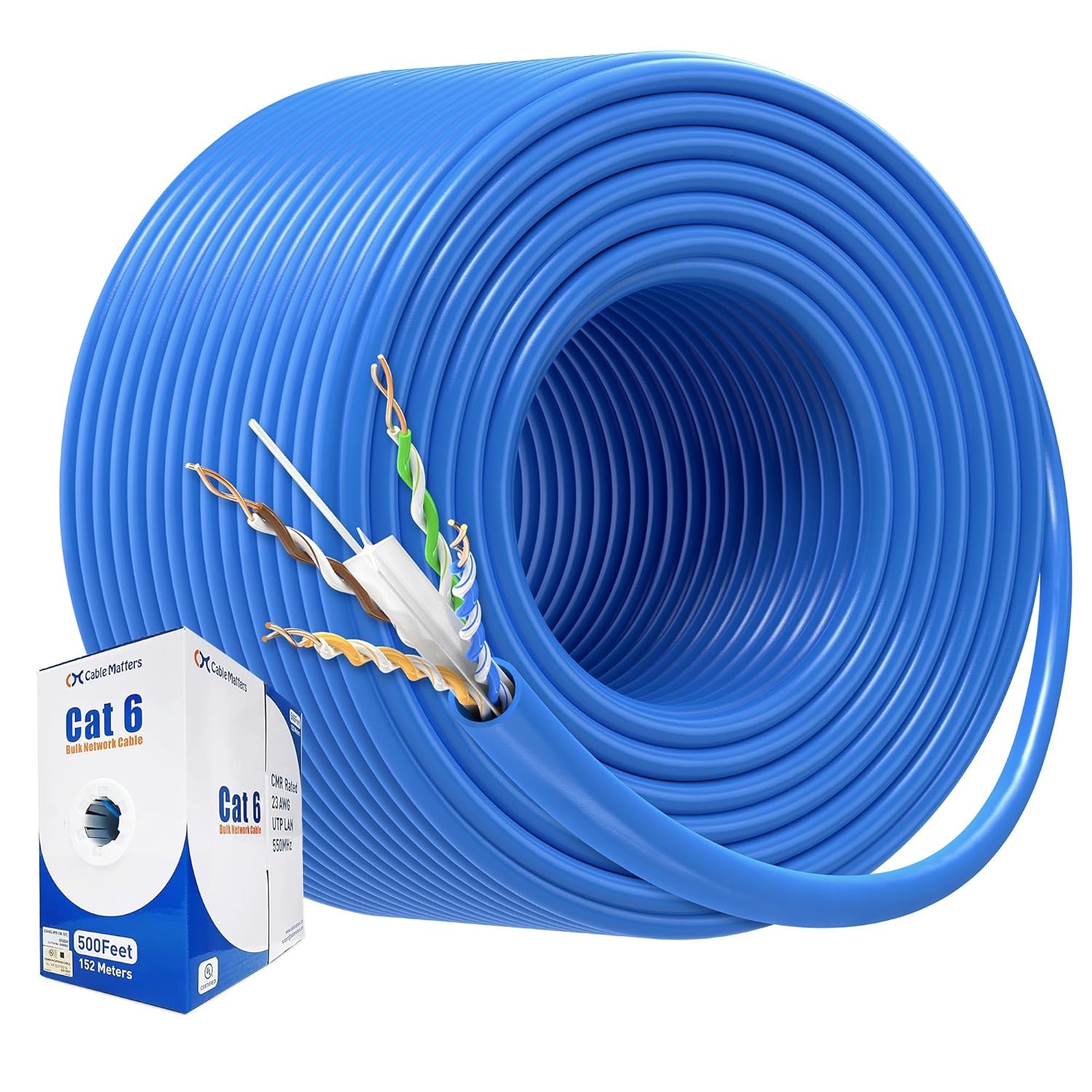 500FT 10Gbps 23AWG CMR Cat6 Cable, Blue, UL Listed In-Wall Riser