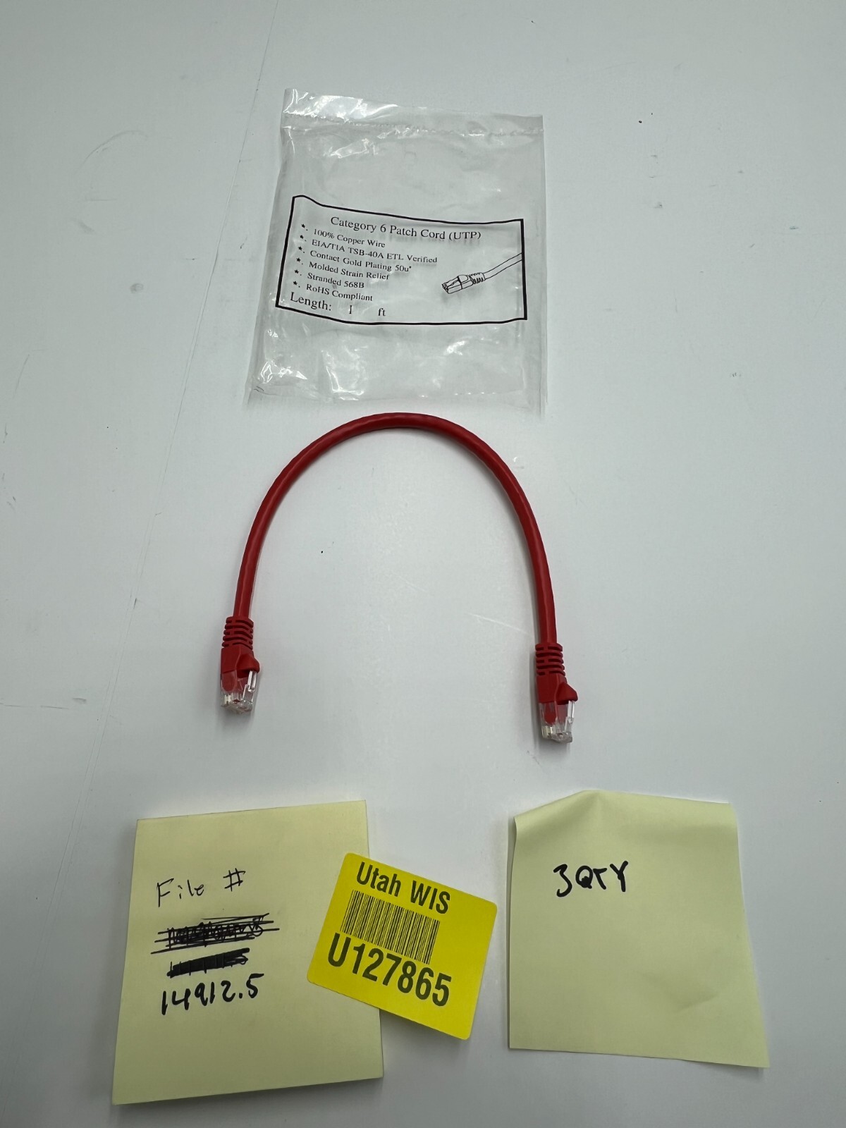 Qty 3 Category 6 CAT6 Patch Cords UTP EIA/TIA TSB-40A ETL Verified 1ft