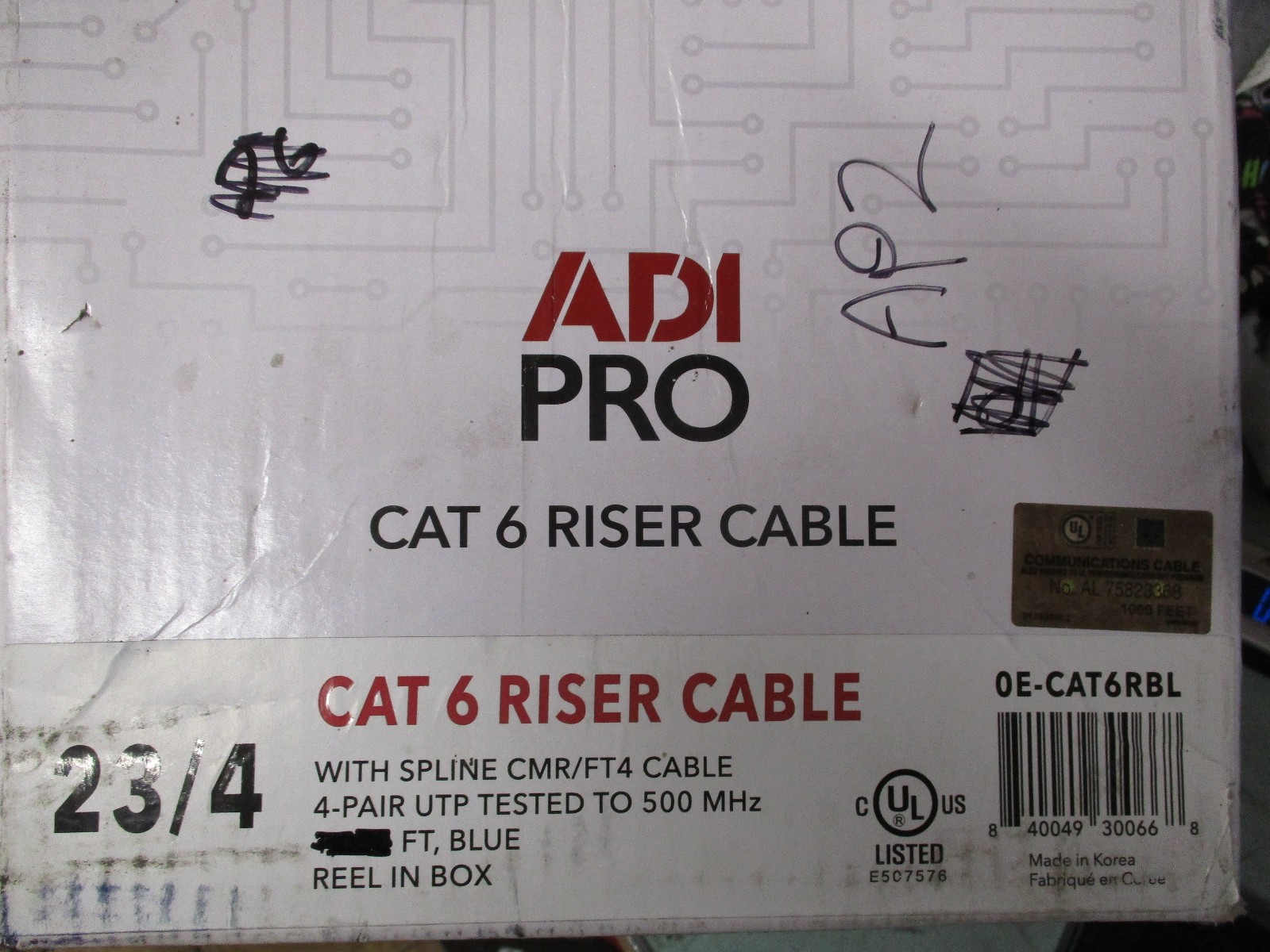 500 PLUS FT 500FT ADI PRO CAT 6 RISER CABLE W/SPLINE CMR/FT4 CABLE 23/4 0E-CAT6