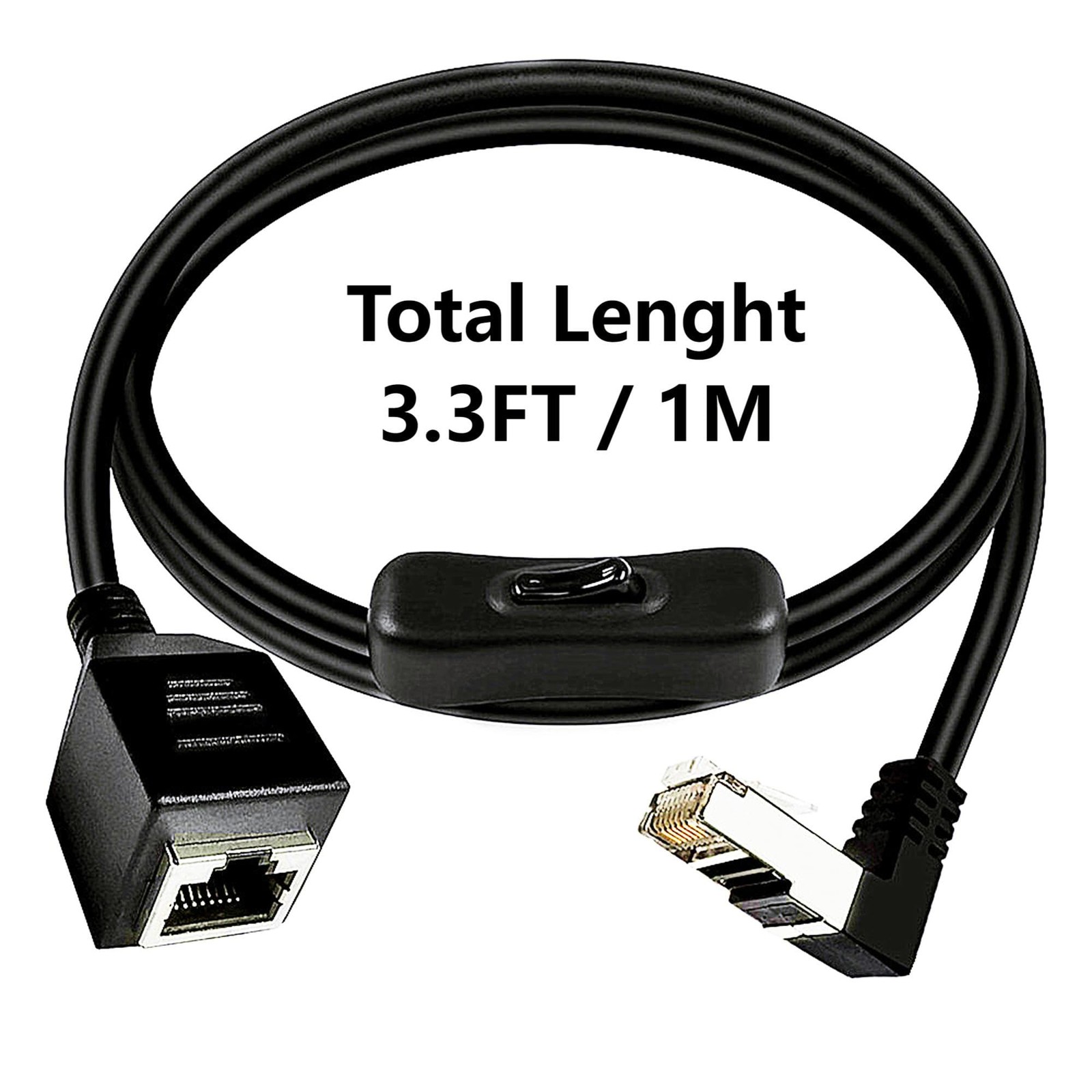RJ45 Extension Cable CAT6e Ethernet 90 Degree Male To Female Switch 3.3 Ft