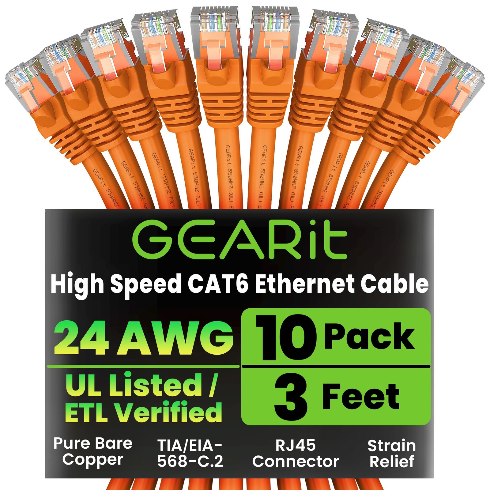 Cat 6 Ethernet Cable 10-Pack 3 Feet Network Patch 10Gbps RJ45 Snagless Orange
