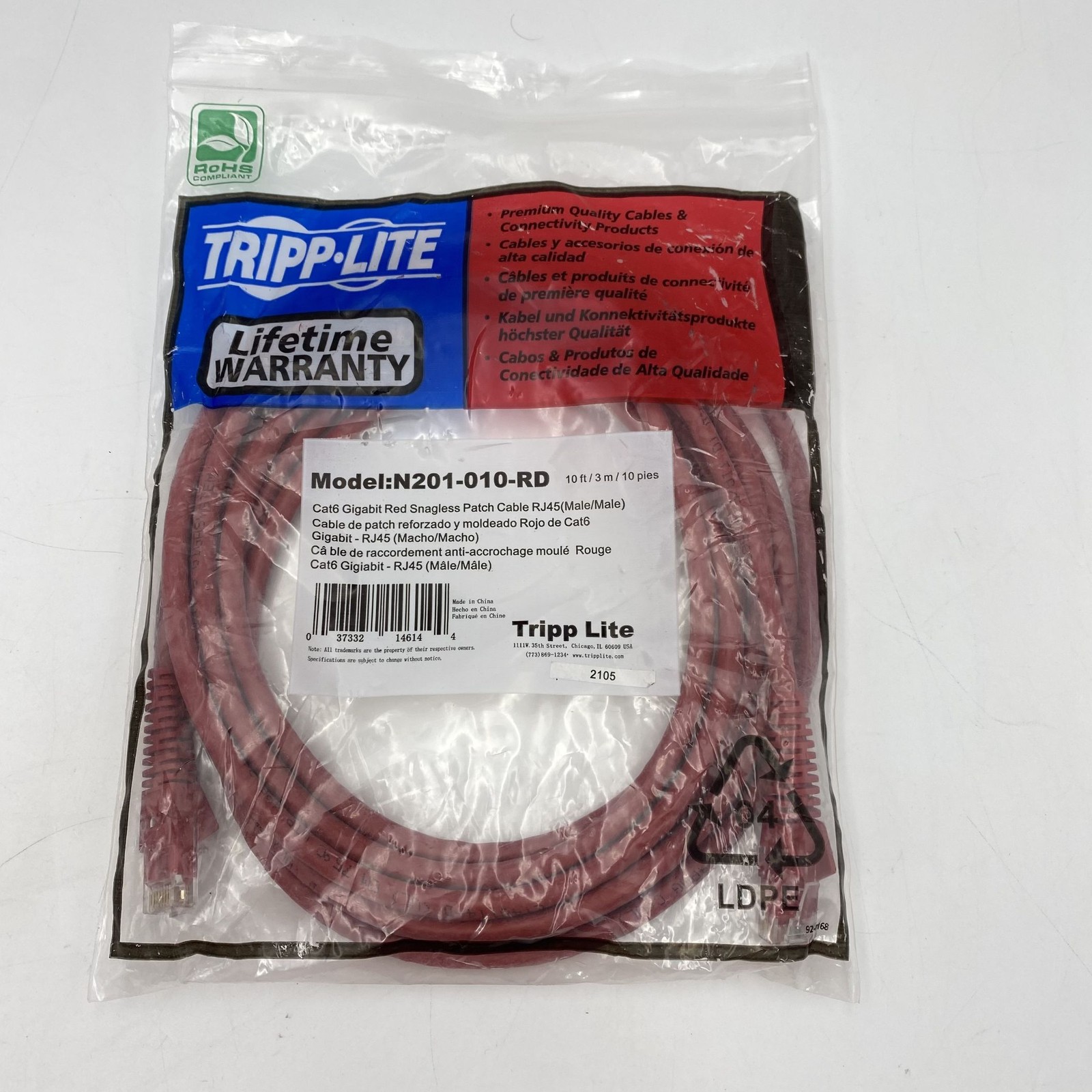 Tripp Lite Cat6 Gigabit Molded (UTP) RJ45 M/M POE 10ft Red N201-010-RD