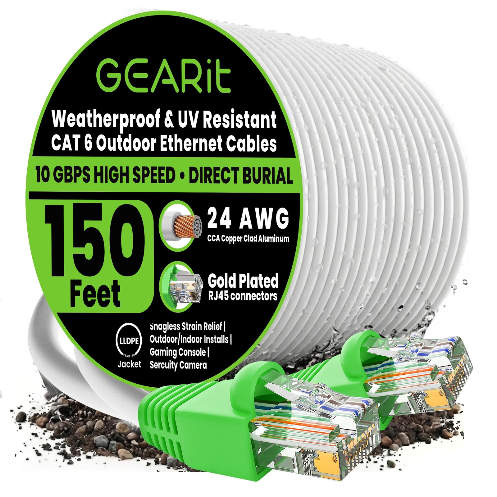 Cat6 Ethernet Cable 150ft, Outdoor Direct Burial Cat 6 Cable 24AWG High Speed…