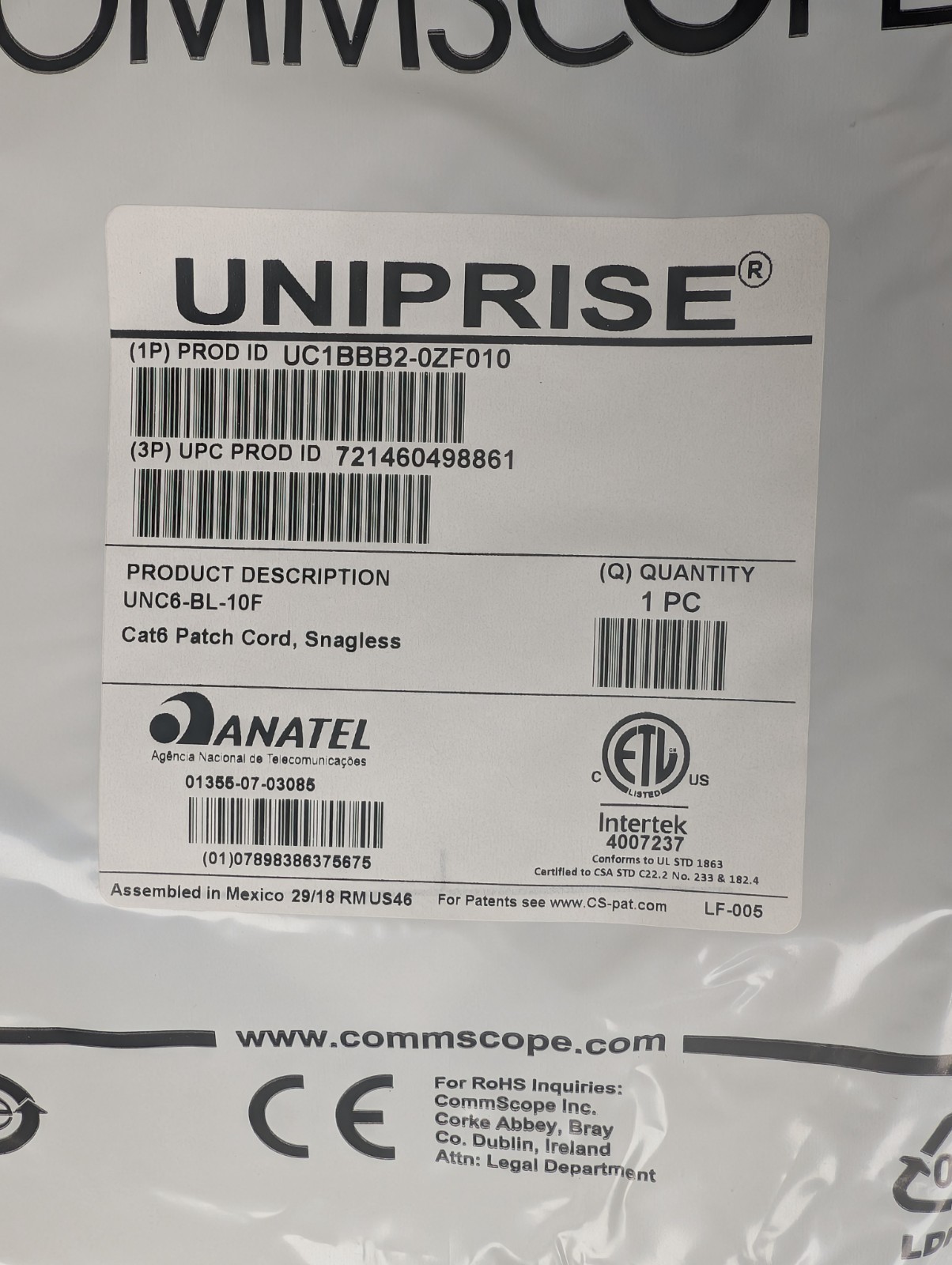 Lot of 50 CommScope Uniprise Cat6 10ft Blue Snagless Patch Cable UC1BBB2-0ZF010