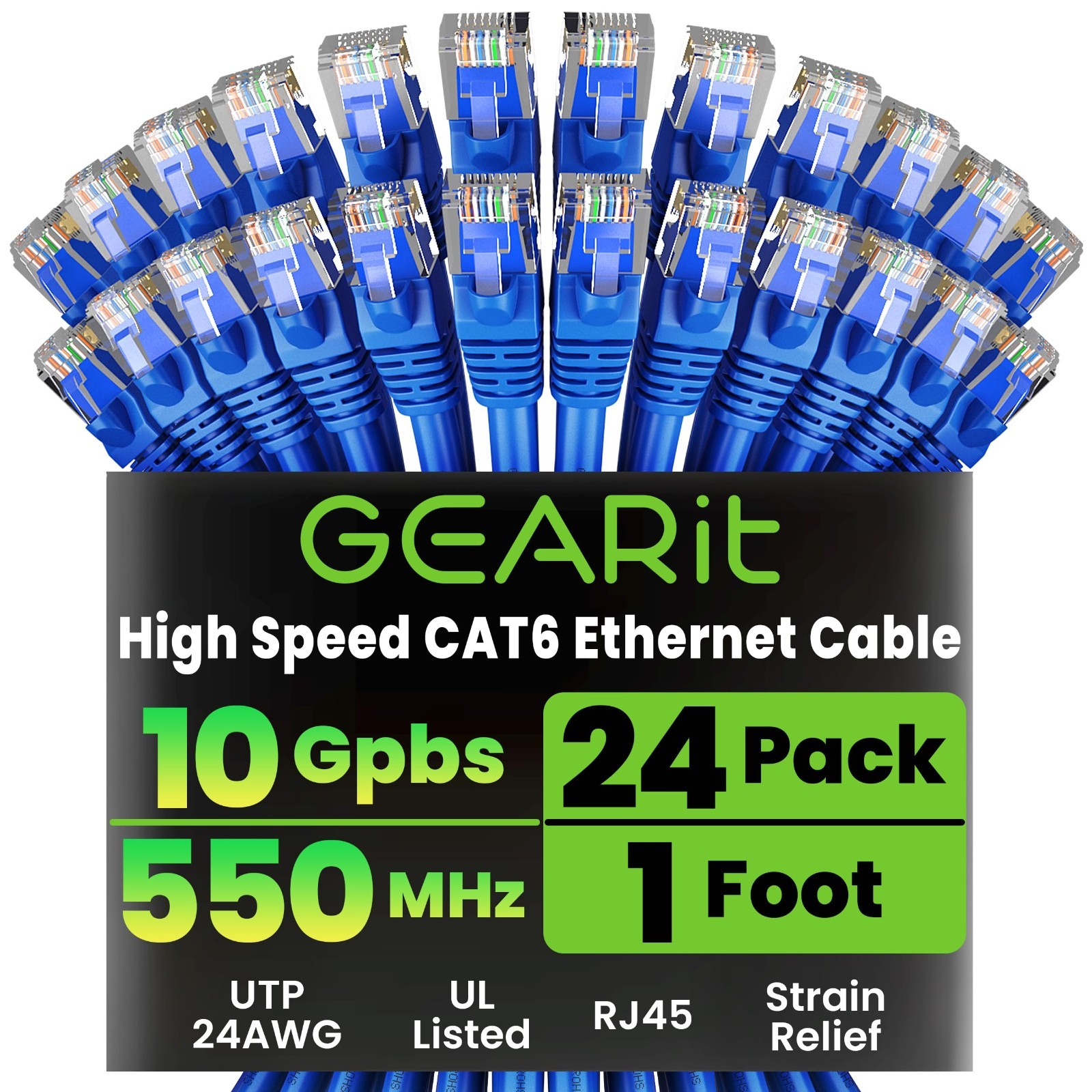 High-Speed Cat6 Ethernet Cable 1ft 24-Pack, Snagless 10Gbps RJ45, Gold-Plated fo