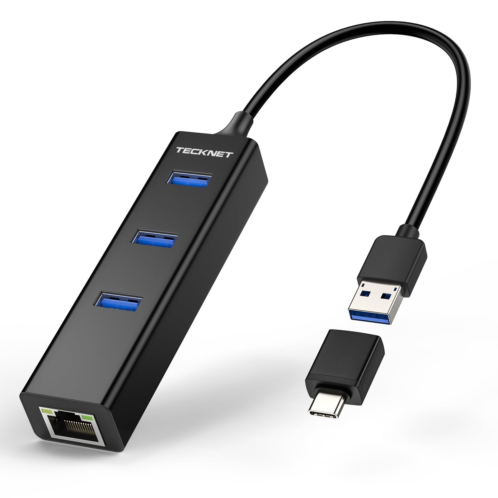 TECKNET USB C to Ethernet, Aluminum 3 Port 3.0 Hub with RJ45 Black