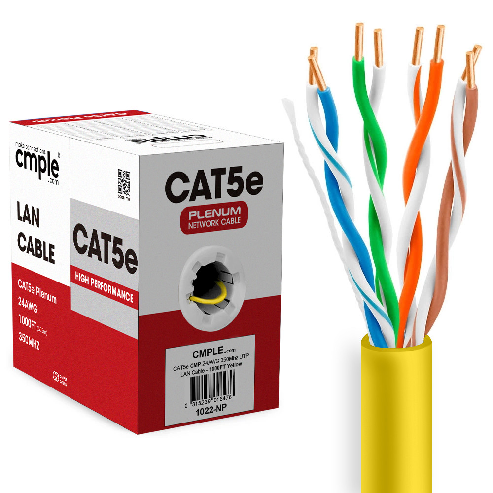 CMP Cat5e Ethernet Cable 1000ft Plenum Solid 24AWG UTP In-Wall LAN Yellow