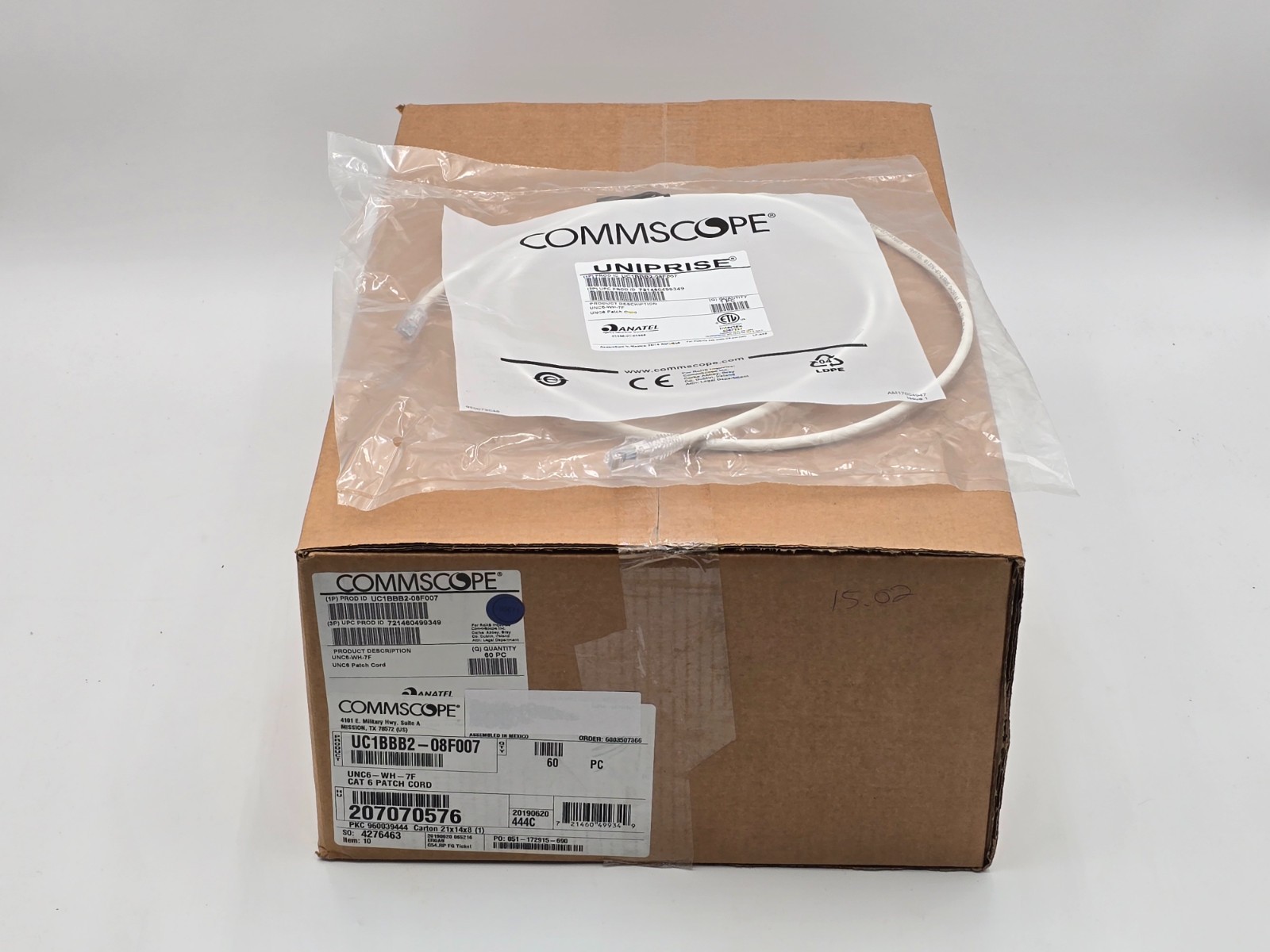Lot 60 Commscope Uniprise Cat6 Patch Cord UC1BBB2-01F007 – UNC6-WH-7F 7ft White