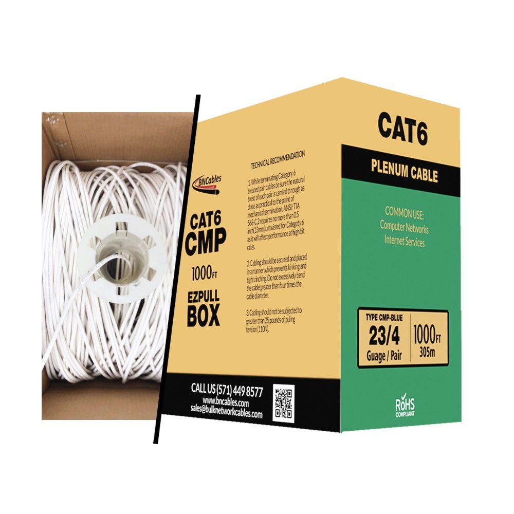 Cat6 Plenum (CMP) Cable 1000ft 23AWG, DTX-1800 Solid 550Mhz 10Gigabit UTP White
