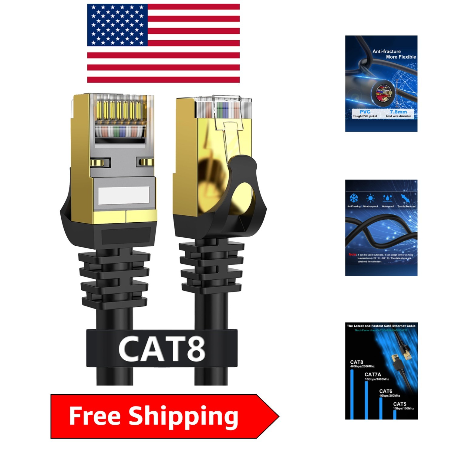 Weatherproof 150ft Cat 8 Ethernet Cable – High Speed, Heavy Duty SFTP, 2000MHz