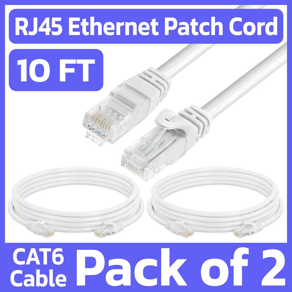 2 Pack 10 Feet Cat6 Patch Cable White LAN Ethernet Cord Network Internet Cable