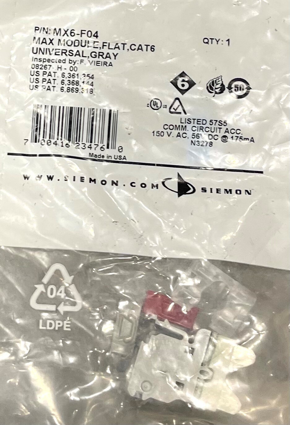 Siemon MX6-04 MAX MODULE FLAT CAT 6 UNIVERSAL GRAY *LOT OF 10