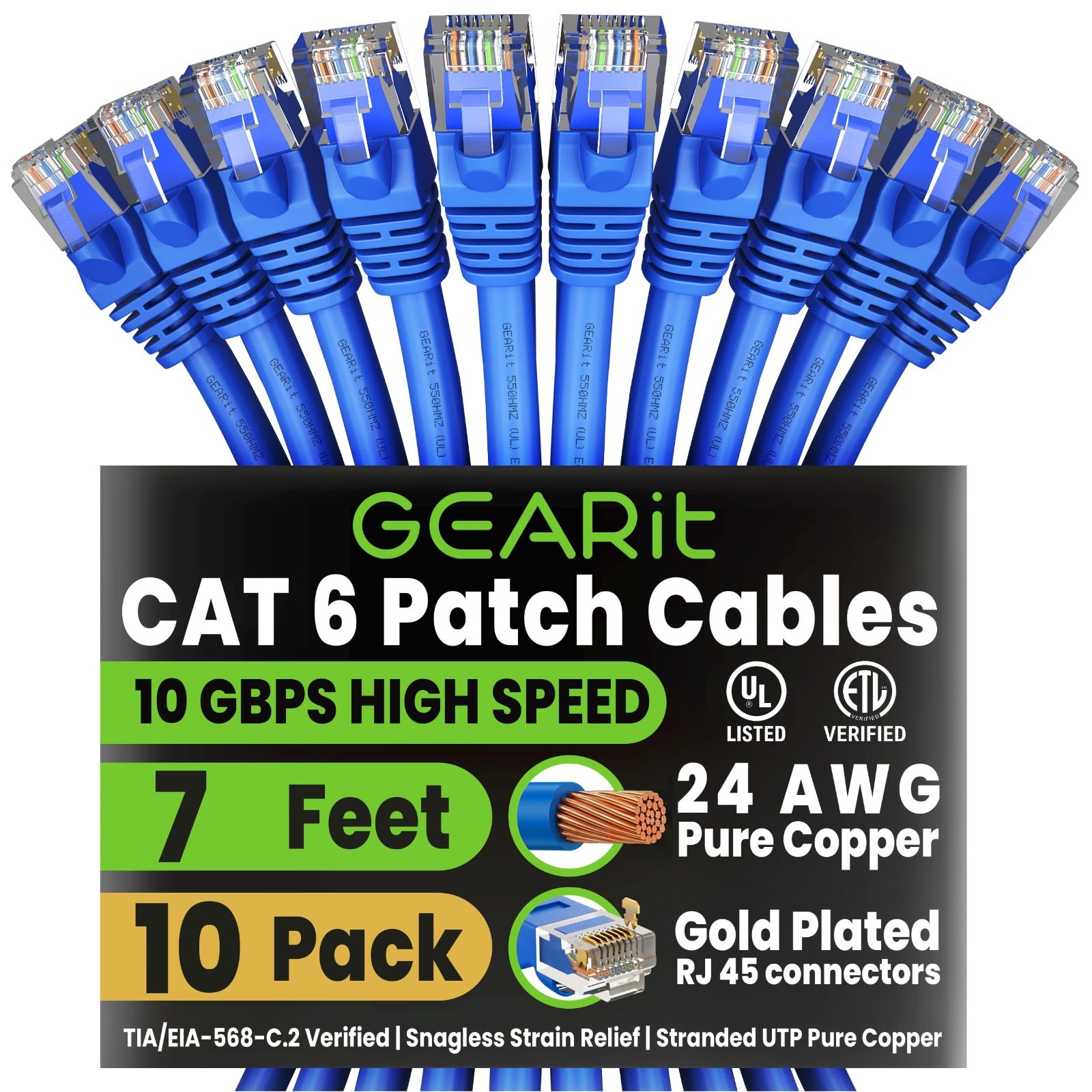 7ft Cat 6 Ethernet Patch Cable – 10 Pack, 10Gbps, Snagless, Gold Plated RJ45