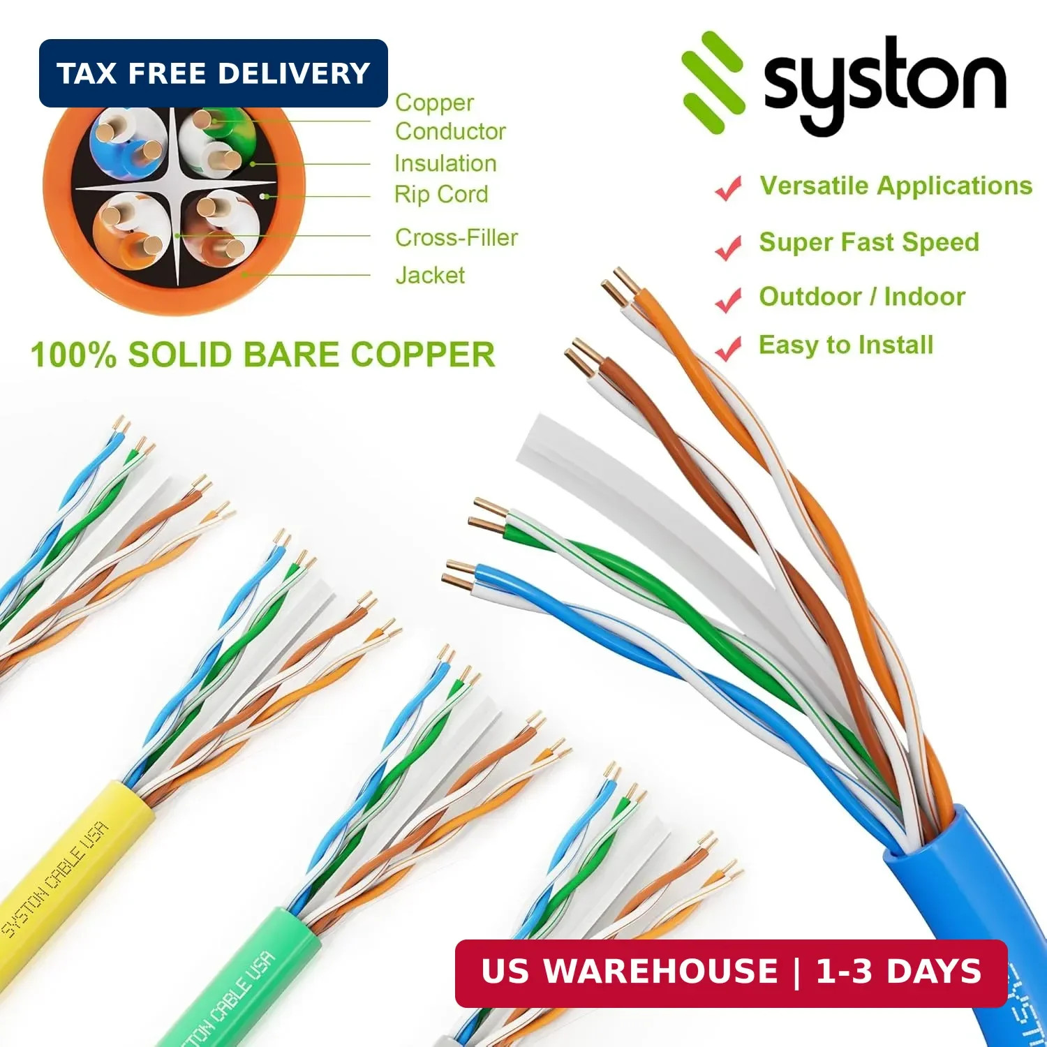 Syston Cable Technology Cat6(e) Ethernet Cable 23AWG 4 pr Solid Bare Copper Bulk