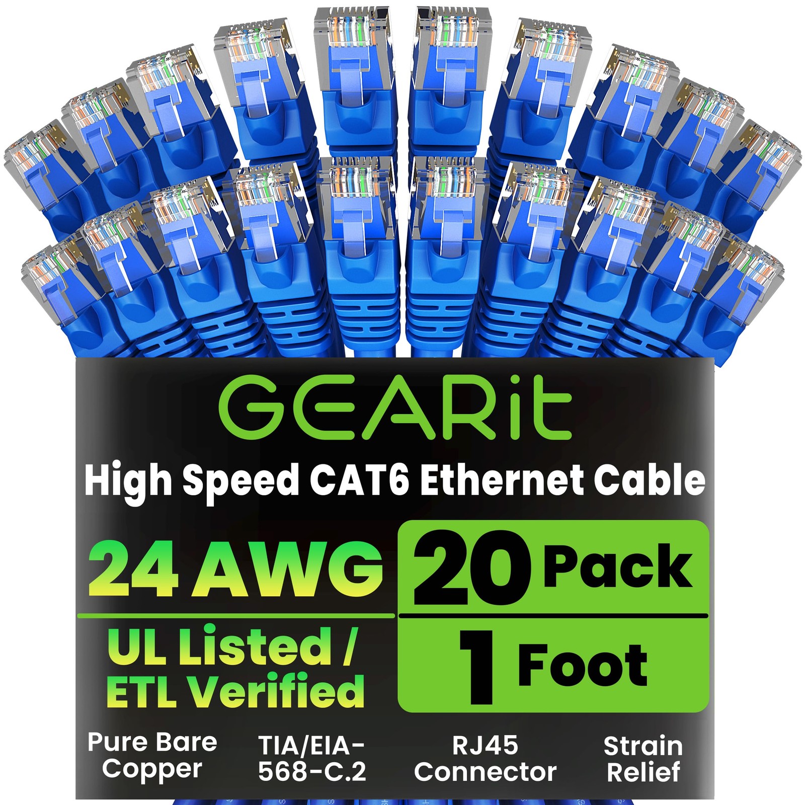 20 Pack 1ft Cat6 Ethernet Patch Cables 10 Gbps RJ45 Snagless Blue Network