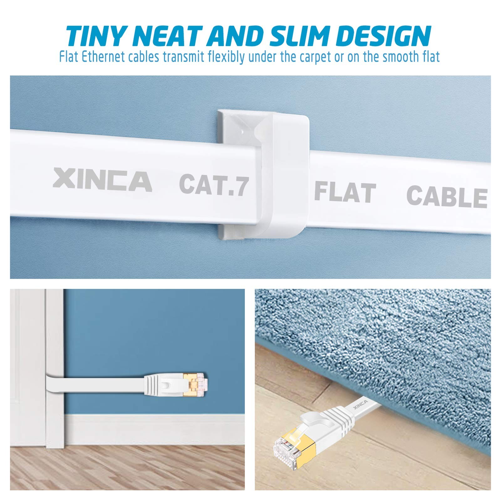 Cat 7 Flat Ethernet Cable 50ft White, High Speed 10GB Shielded (STP) LAN Inte…