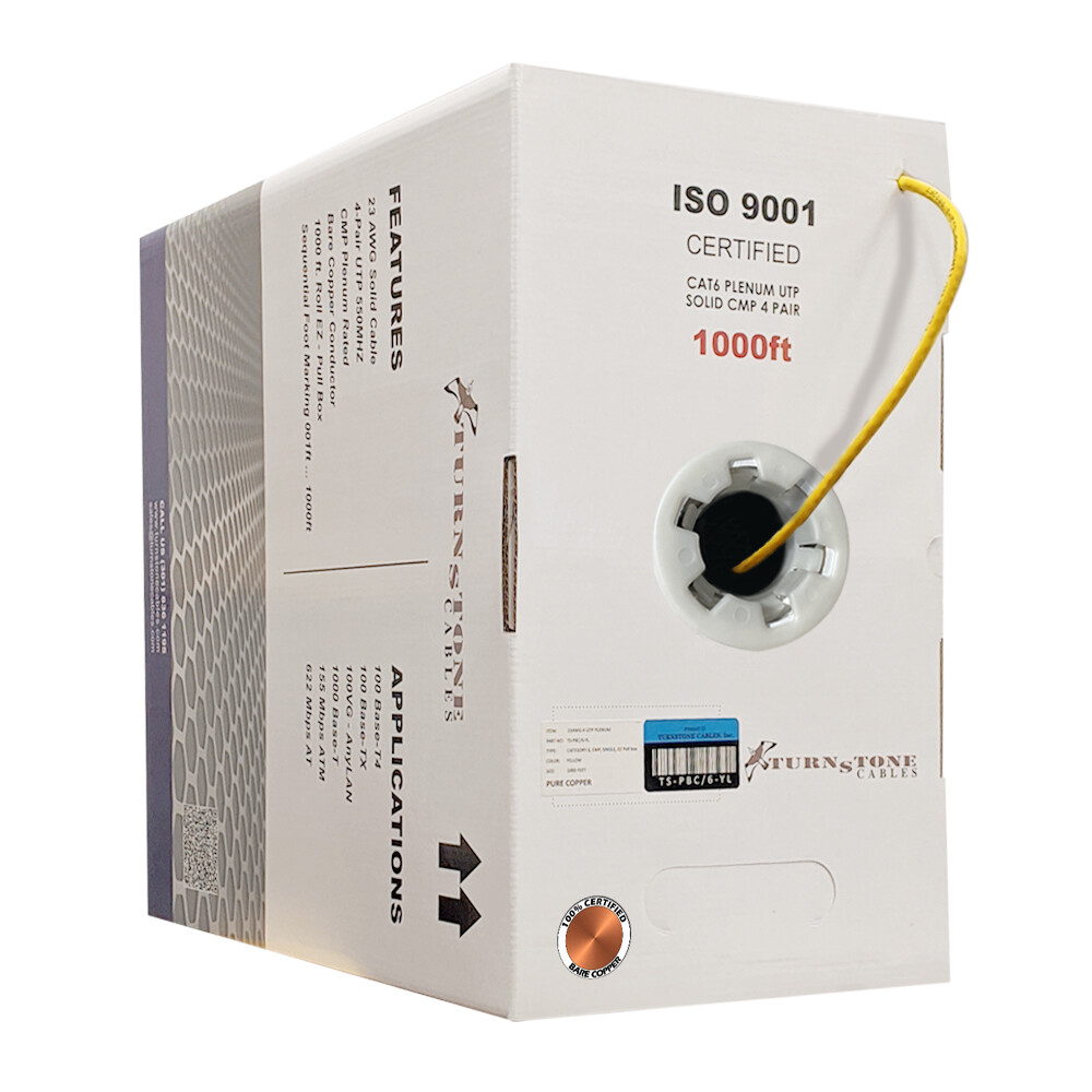 TSCables 550Mhz Cat6 Plenum 100% Solid Bare Copper UTP Ethernet Cable Yellow