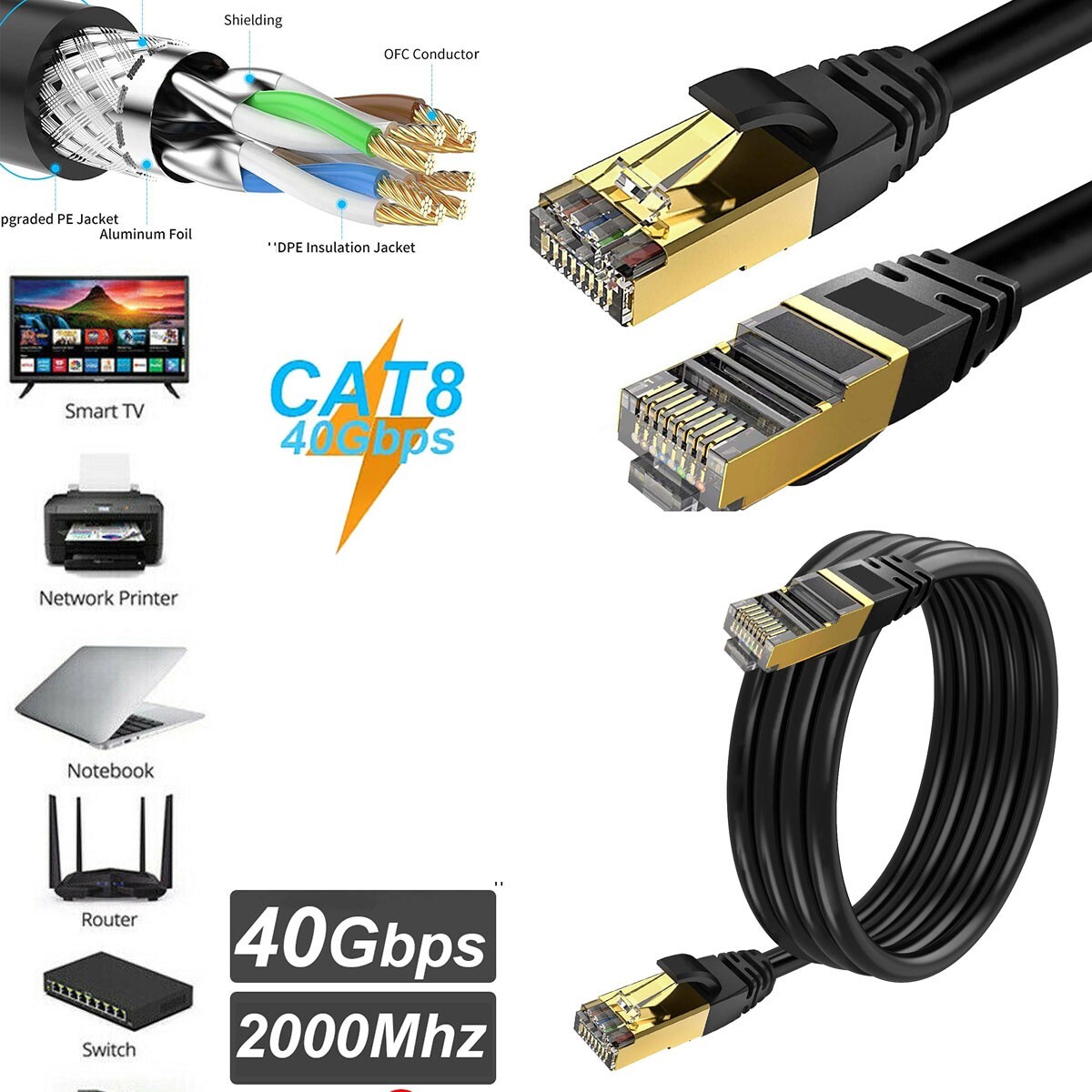 Cat 8 Twisted Pairs Ethernet Cable 6ft, Outdoor Heavy Duty Internet Network Lot