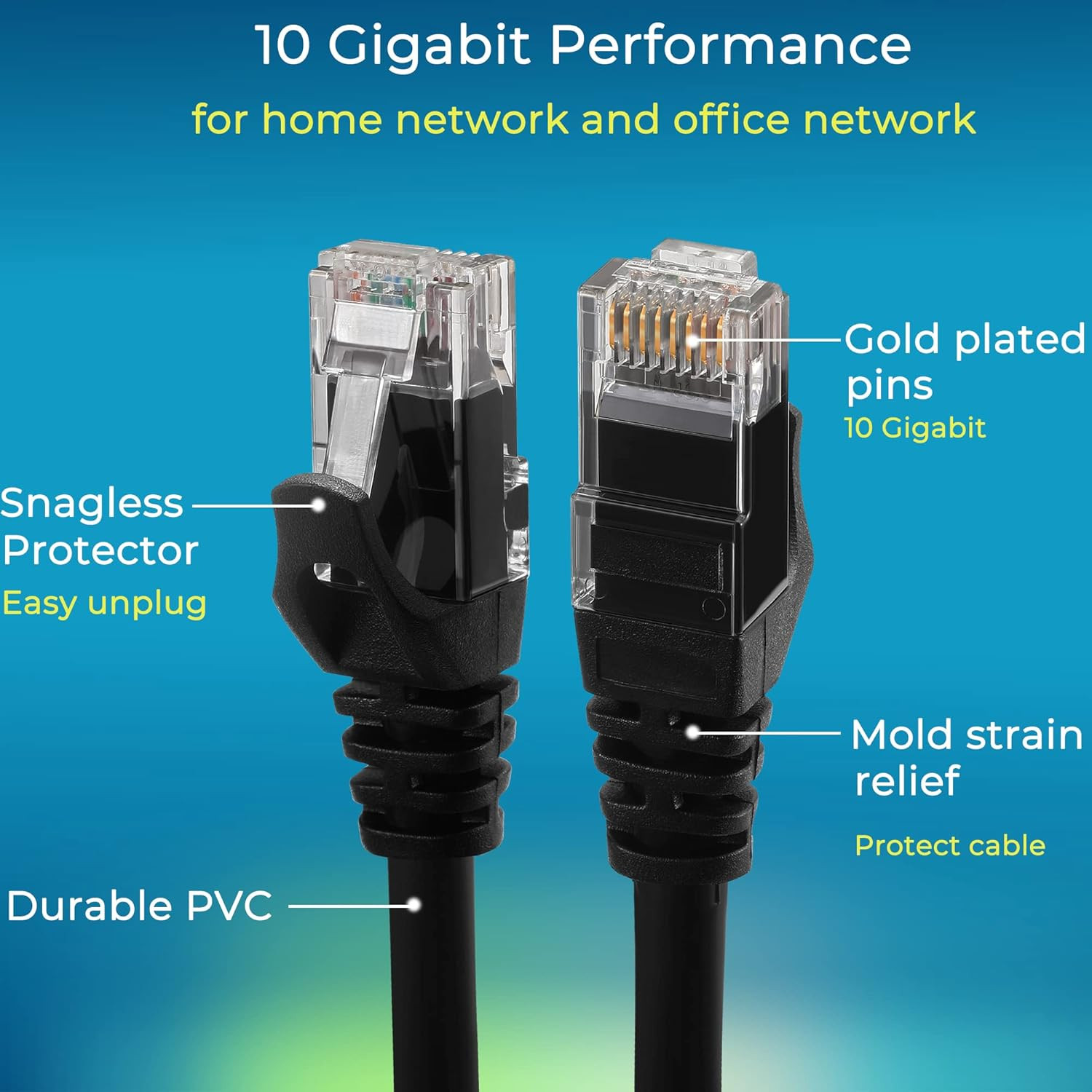 Cables patch Cat6 1ft (24 pcs), Ethernet 10G, flexible, negro con oro
