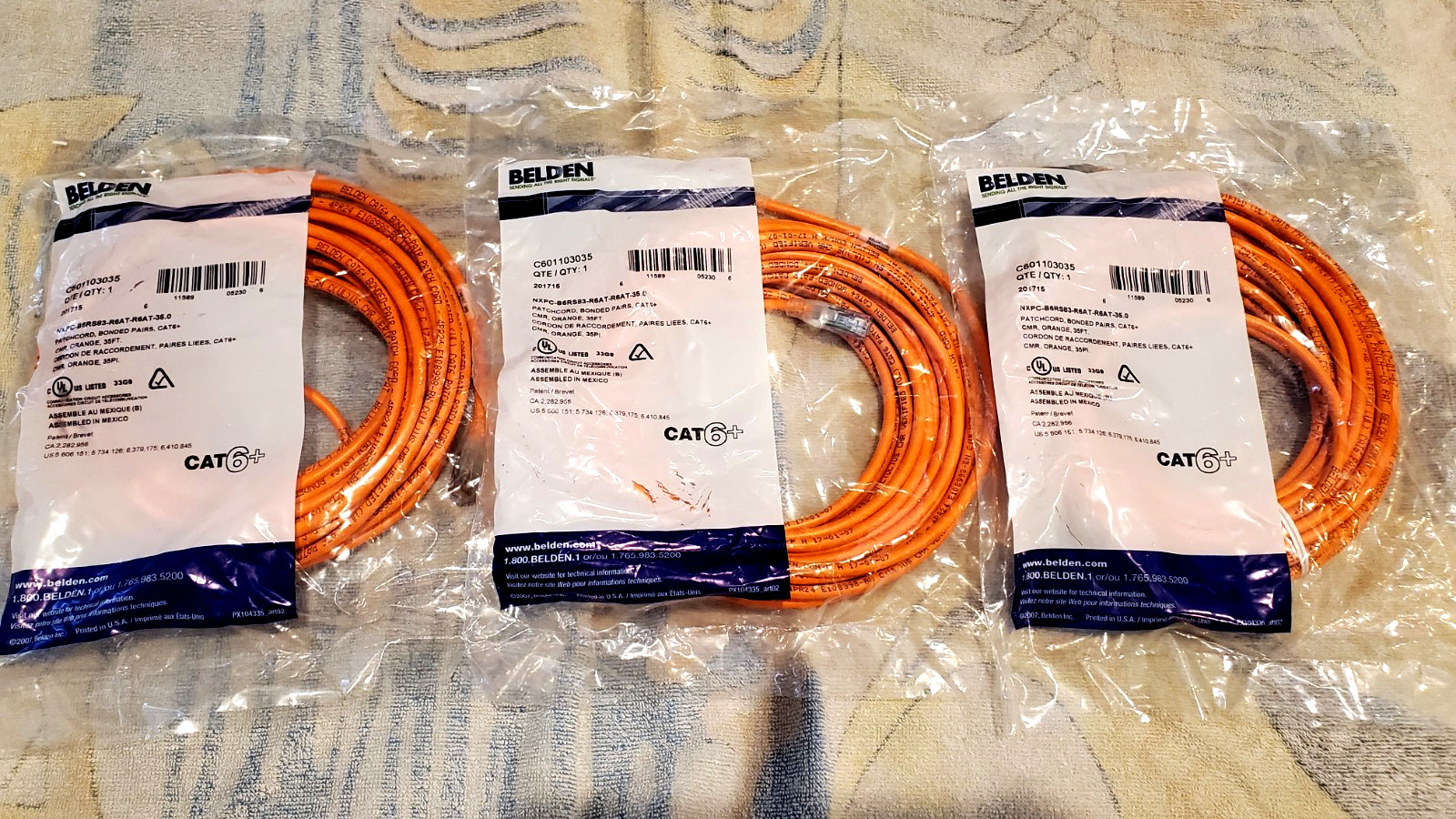 3 Pc Lot 35 Feet BELDEN CAT6+ Patch Cord Bonded Pair Orange 105 FEET TOTAL