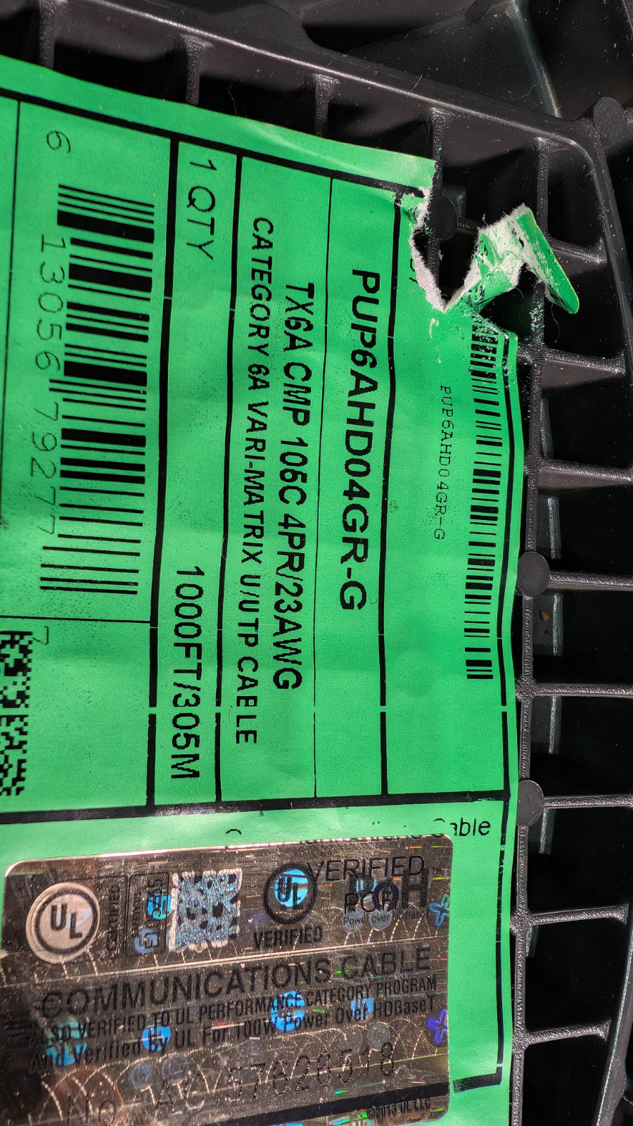 Panduit TX6A 10G Vari-Matrix, Plenum U/UTP, CMP Cat 6A, 4/23 AWG, Green – 1000Ft