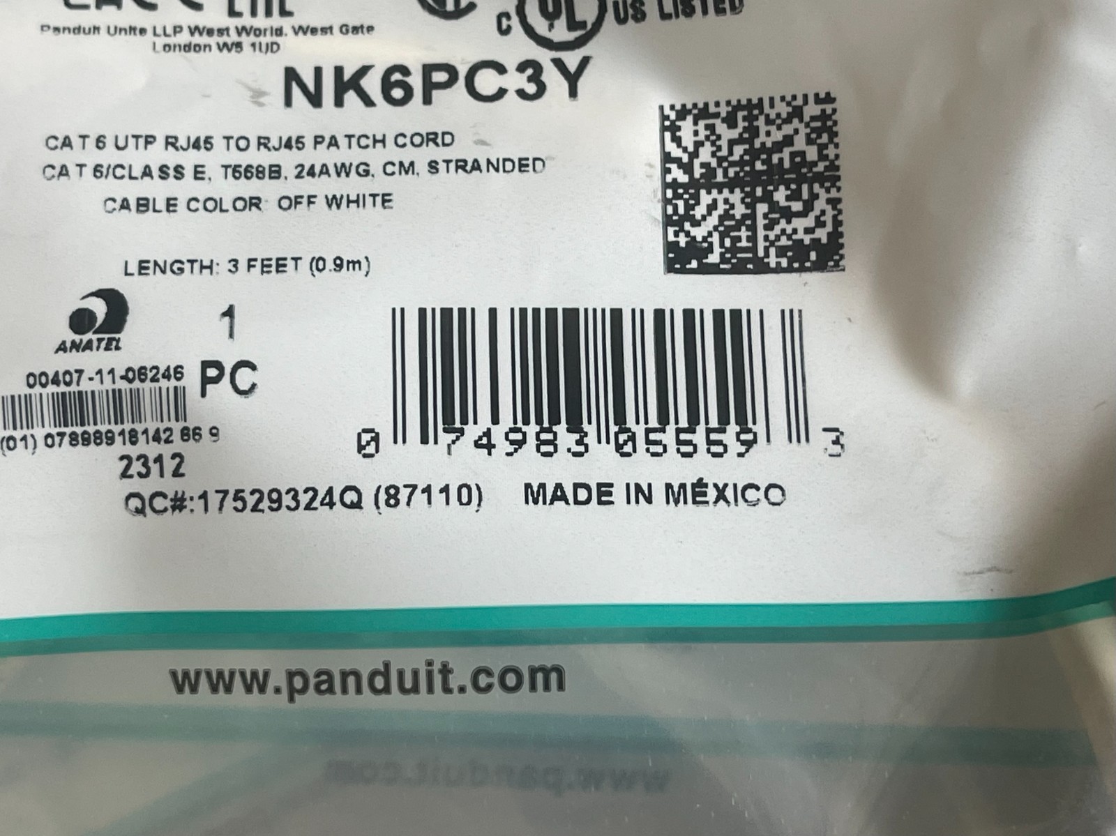 Lot Of 10 Pieces Panduit Netkey NK5EPC3Y Patch Cord Off-White 3 Feet
