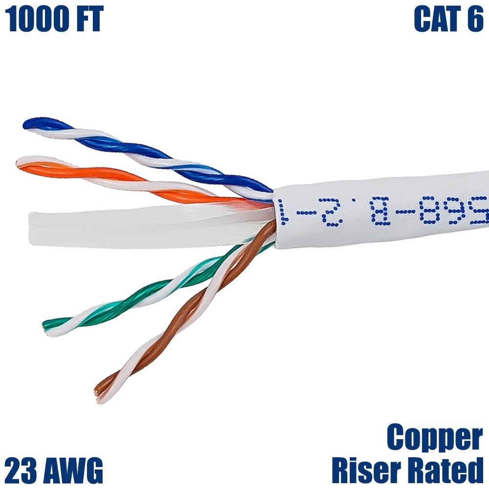 1000FT Cat6 Ethernet Network UTP Cable Riser CMR 23AWG Solid Copper Wire White