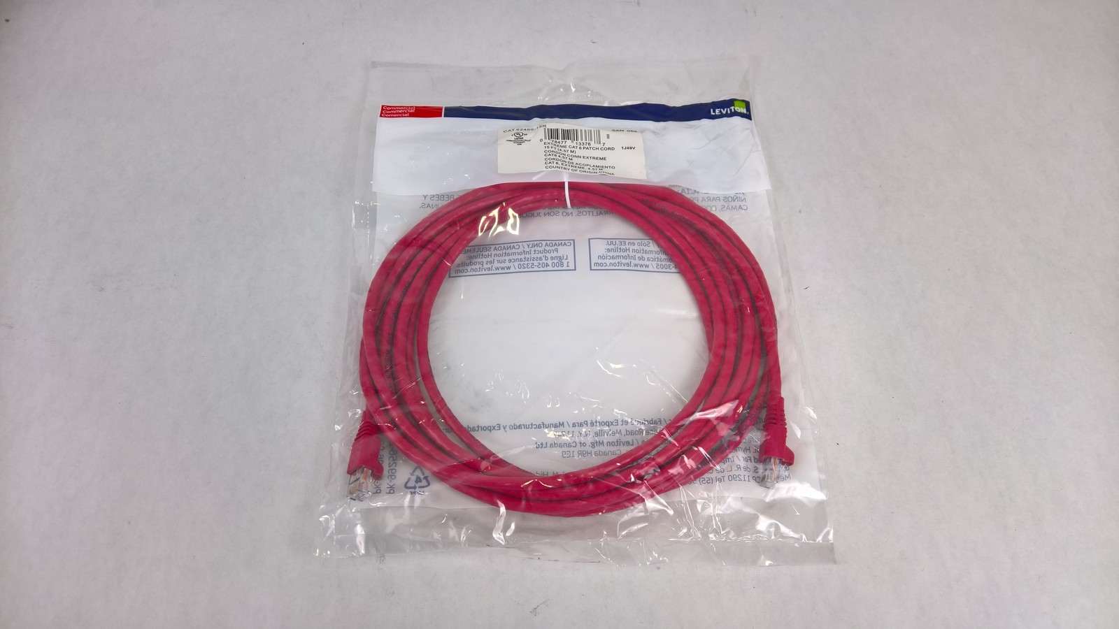 New Leviton EXtreme Standard Cat 6+ UTP Patch Cord, 15 FT, Red 62460-15R