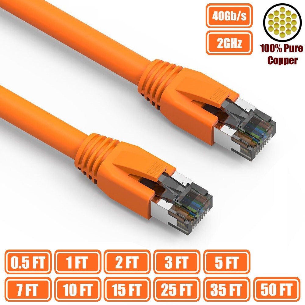 0.5-50FT CAT8 RJ45 Network LAN Ethernet S/FTP Cable Copper Wire 40Gb Orange LOT