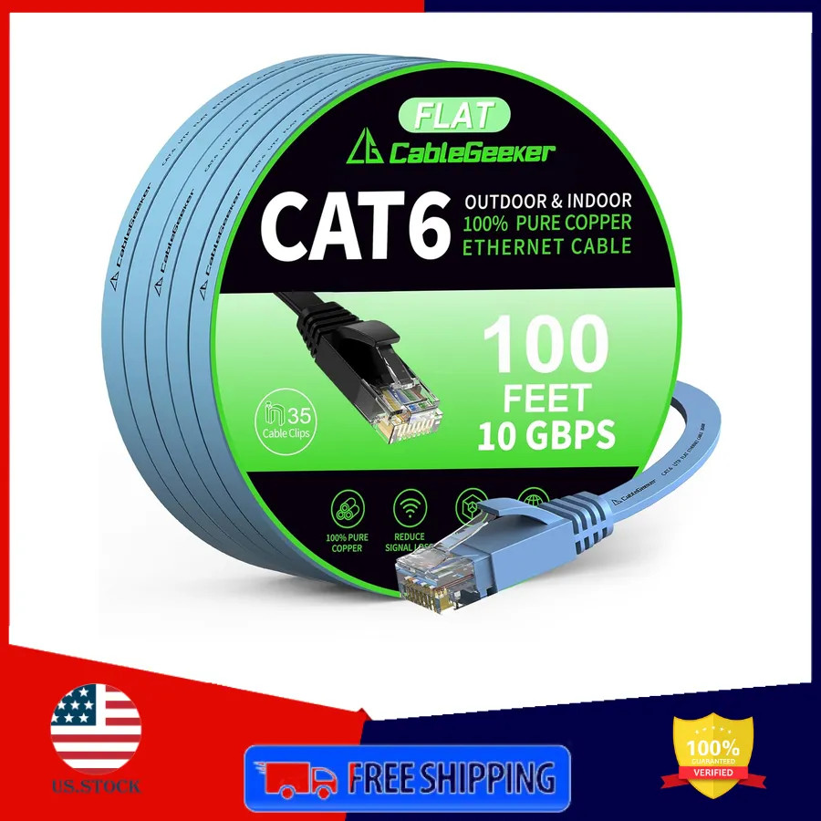 Cat 6 Flat Ethernet Cable 100ft 10Gbps Black High Speed RJ45 Network Patch Cord
