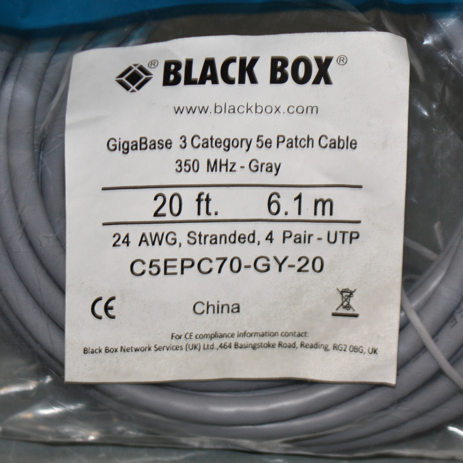 (25) Black Box CAT5e Premium Patch Cable, 20ft Ethernet Cord, Gray, 350 MHz