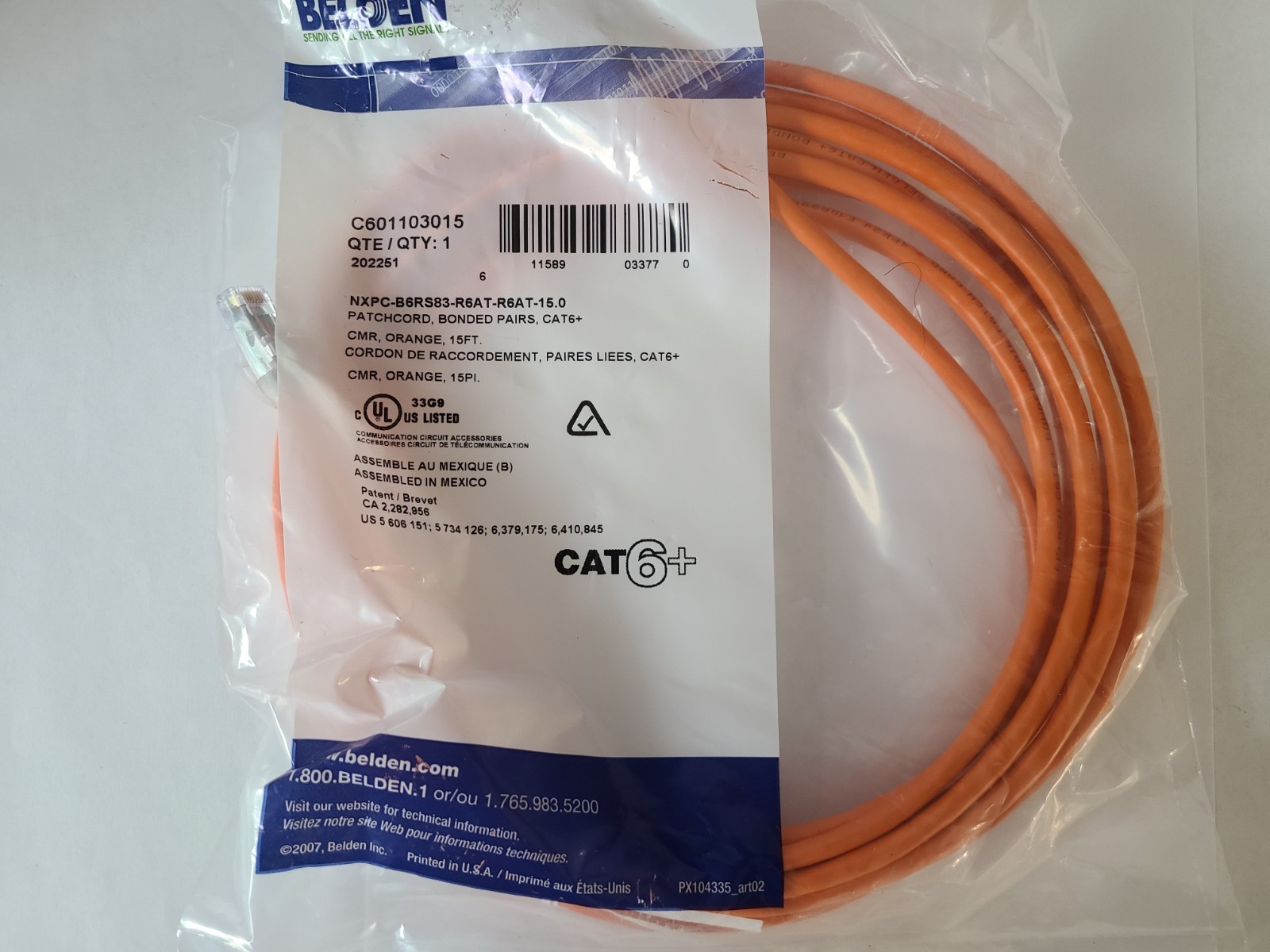 Belden Cat6 Ethernet Patch Cable – 15ft – Orange