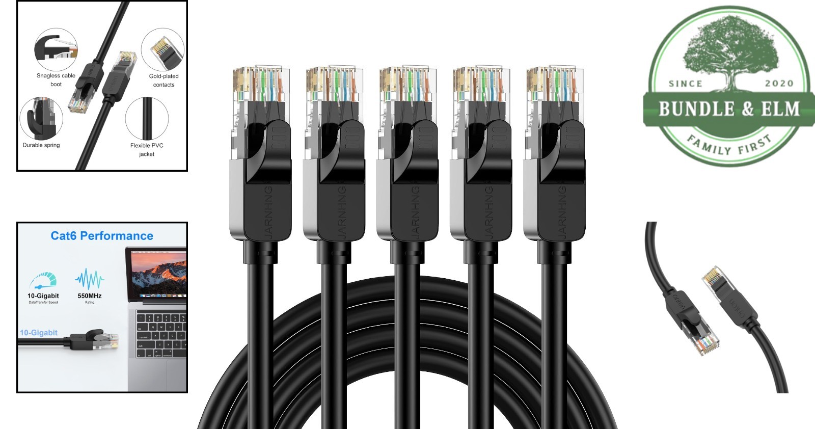 Durable Cat 6 Ethernet Cable 6ft, 5-Pack, Compatible with Computers & Printers