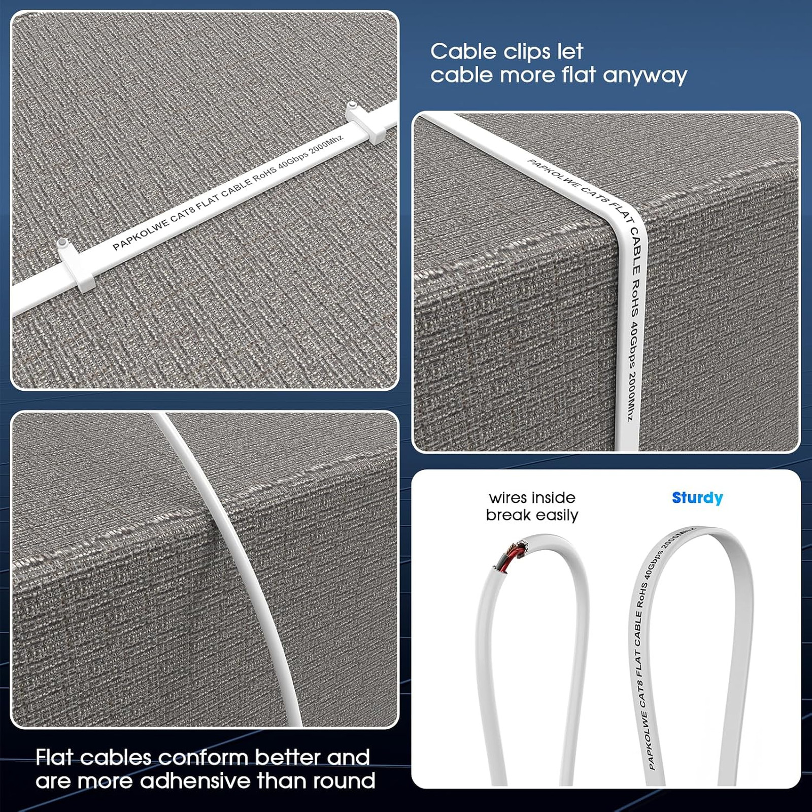 Cat 8 Ethernet Cable 6 ft Shielded Flat Network LAN Cable Gold Connectors