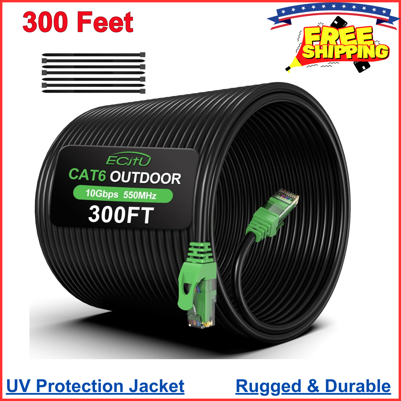 300FT Cat6 Outdoor Ethernet Cable, In-Ground, Heavy Duty Direct Burial 24AWG CCA