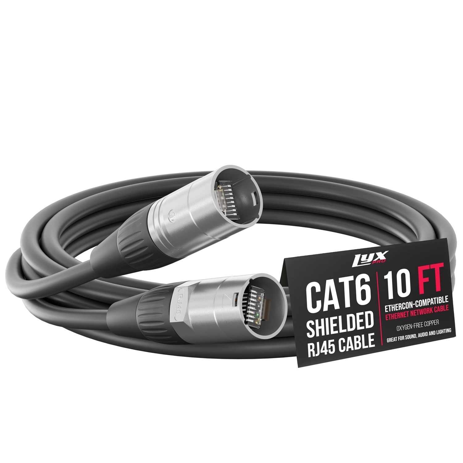 LyxPro 10ft Shielded CAT6 Ethercon RJ45 Cable Pro Audio Lighting Cable, Black