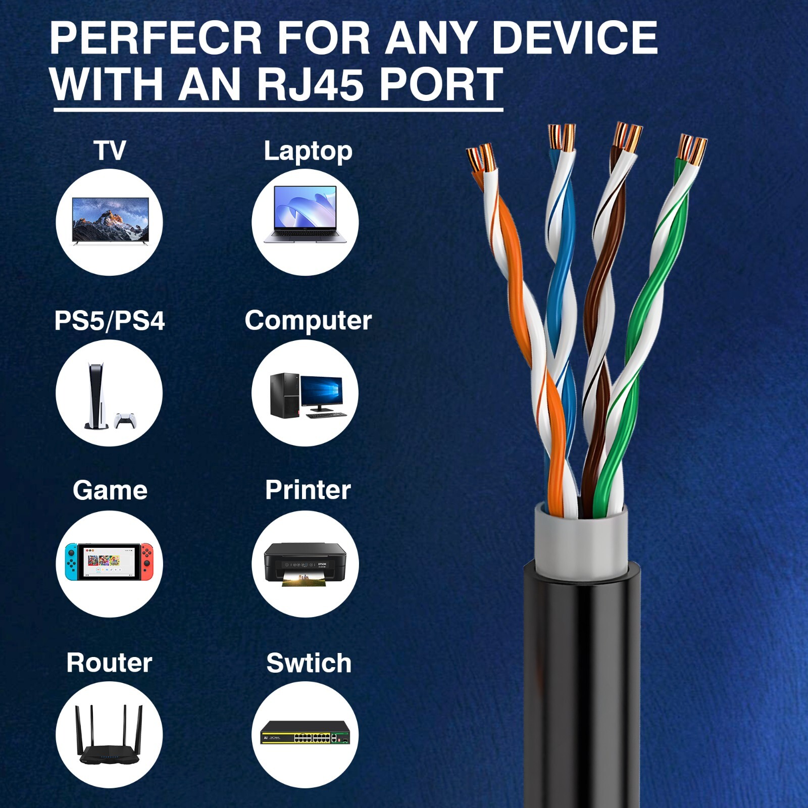 1000ft Cat5e Outdoor Direct Burial Ethernet Cable 24AWG Solid Coppe UTP UV Rated