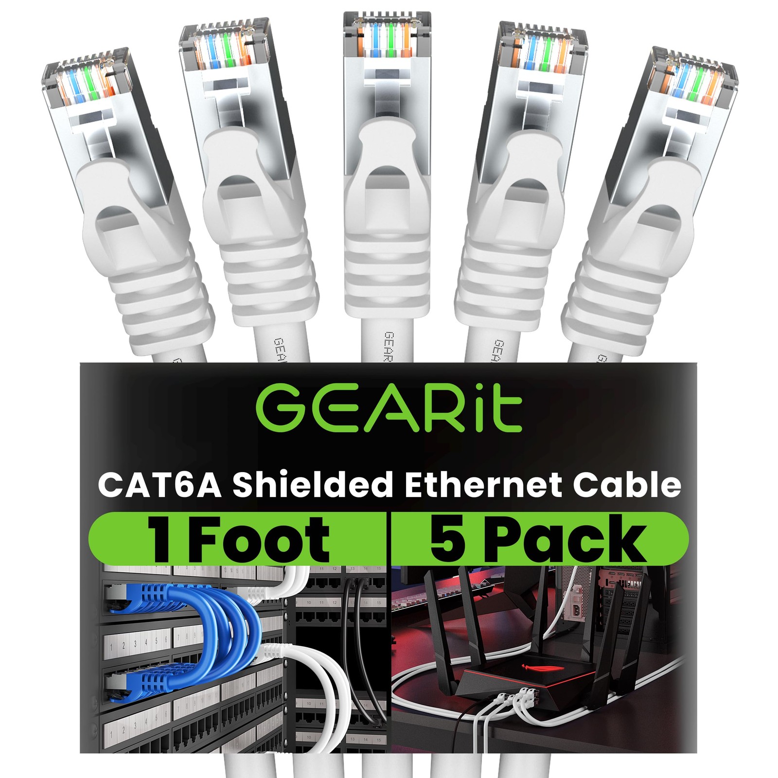 Cat6A Ethernet Cable 10Gbps Snagless Shielded SSTP 26AWG 1 Ft White 5 PCS