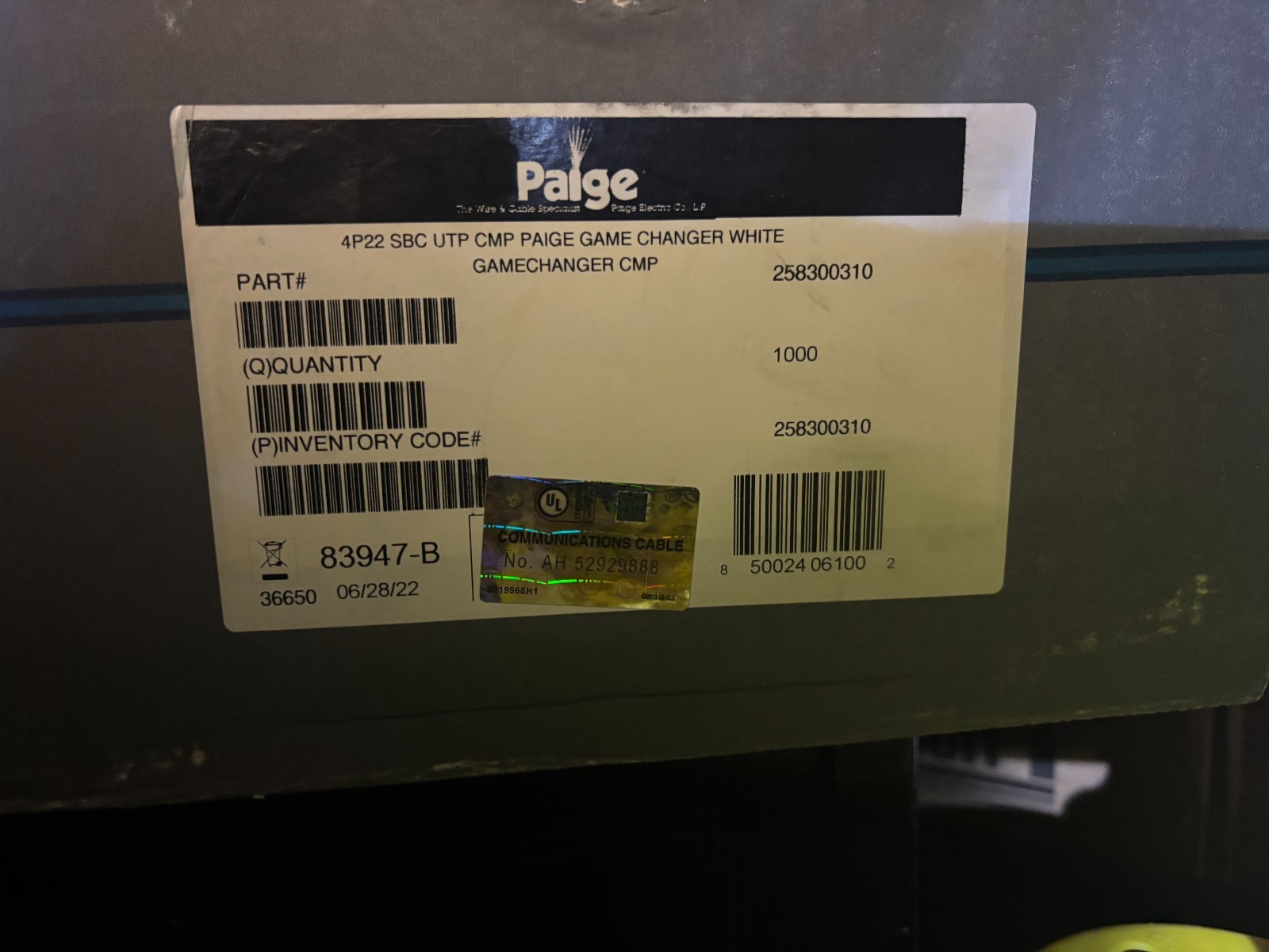 Paige 258300310 Plenum GameChanger Cable 1000′, 22 AWG, 8 Conductors, 4PR, White