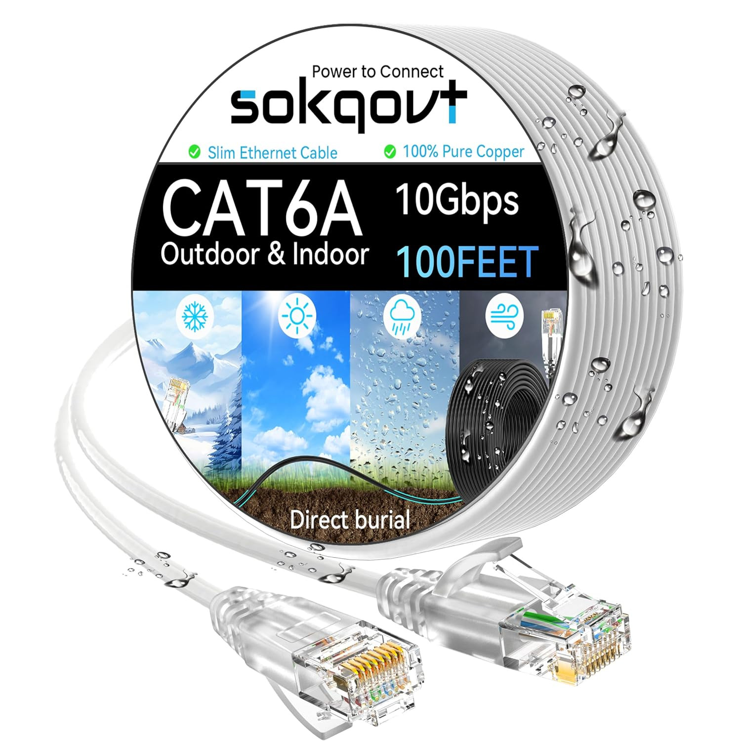 Cat6a Ethernet Cable Slim 100ft Outdoor&Indoor 28AWG Pure Copper Cat6 Internet