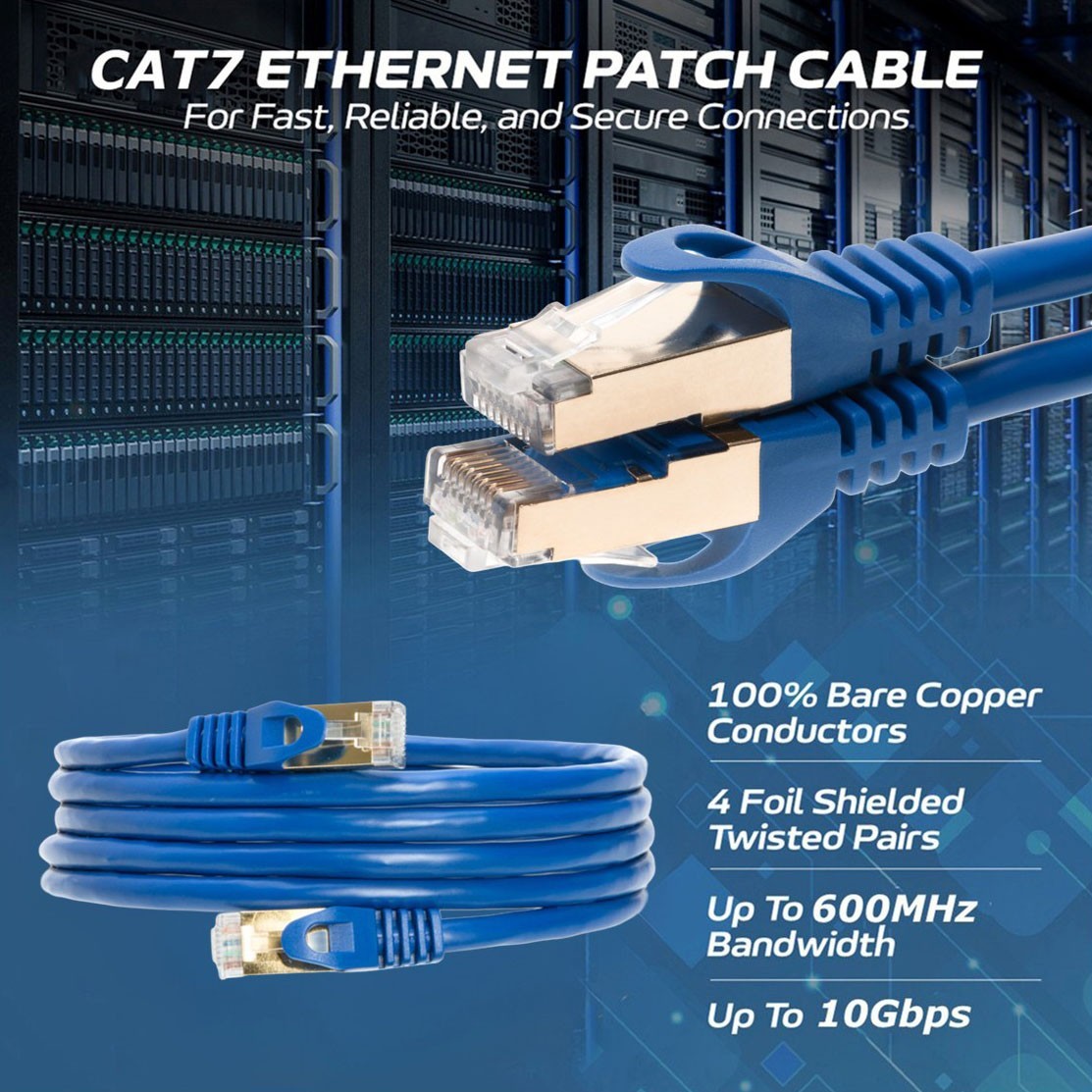 Cat7 S/FTP Ethernet Patch Cable 600MHz High-Speed Blue 30FT-200FT Multi Pack LOT