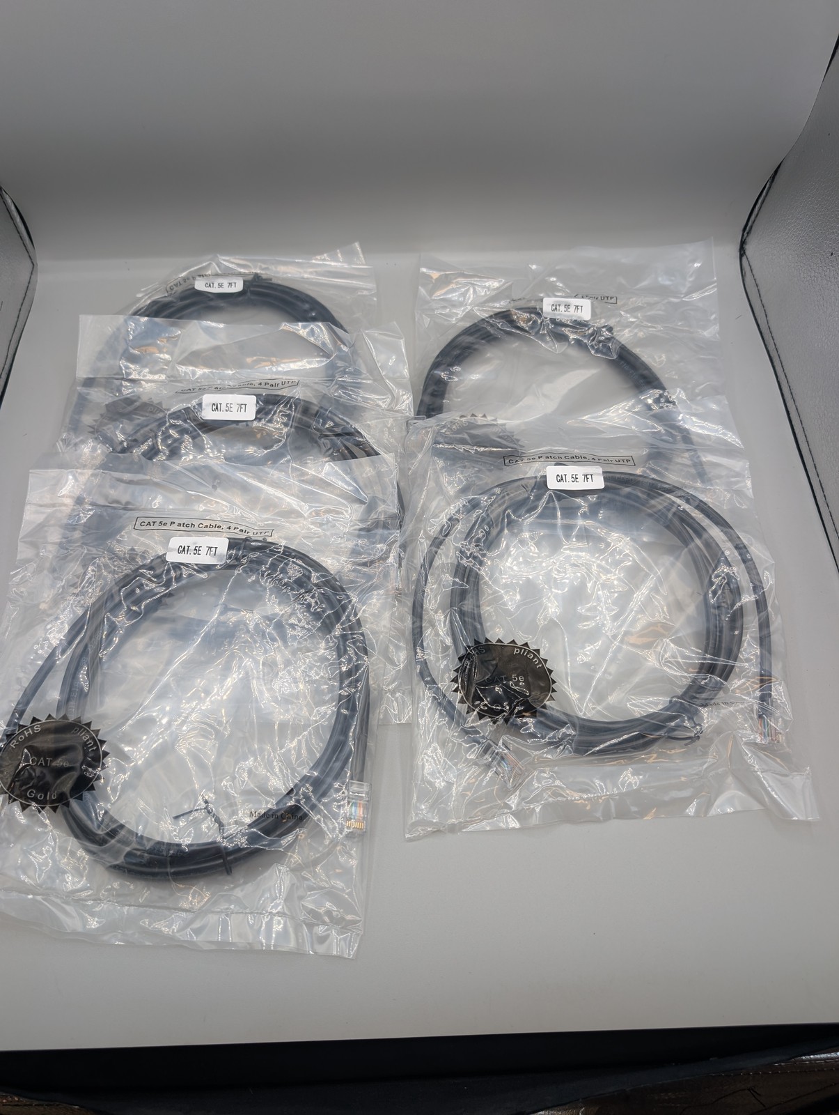 Lot of 5 APC 7ft Black RJ-45 Cat-5E Ethernet Patch Cables, New