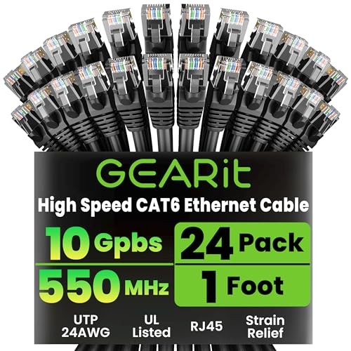 Cat 6 Ethernet Patch Cables 1 ft Black (24 Pack) – 24-Pack