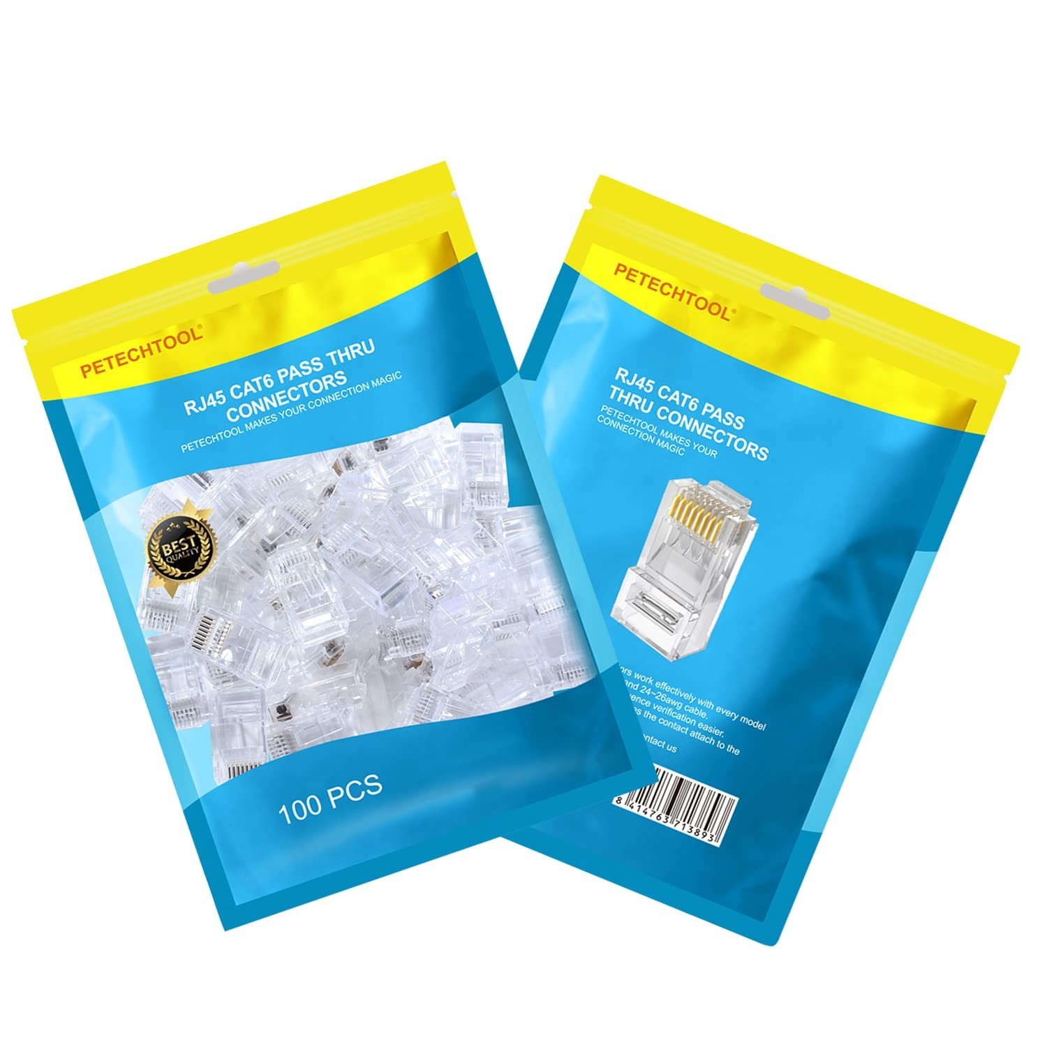 Gold Plated RJ45 Cat6/Cat5 Pass-Through Connectors, 100 Pack for Easy Networking