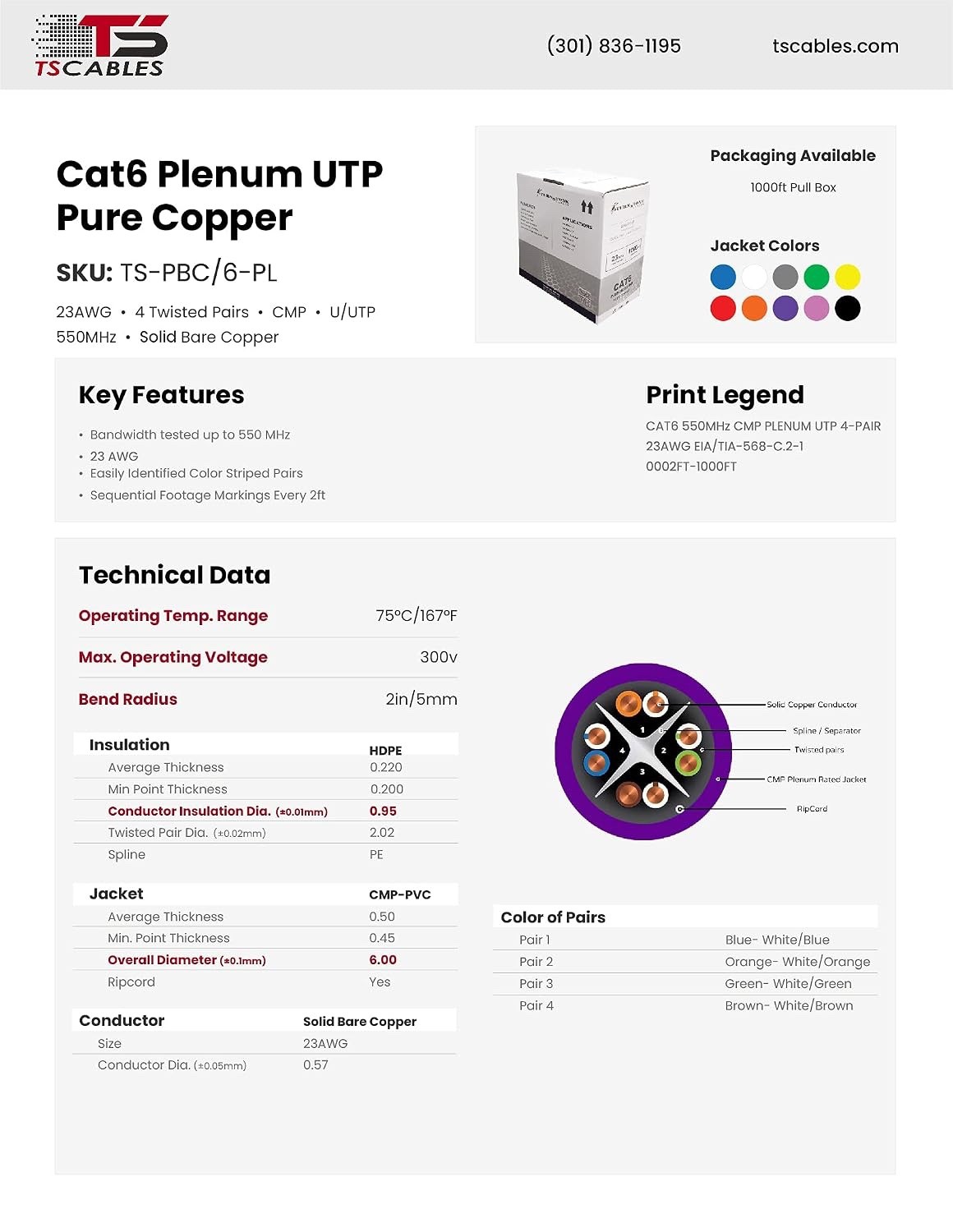TSCable Ethernet cable Cat6 Plenum (CMP) 1000ft Cable, 23AWG 550M New Purple